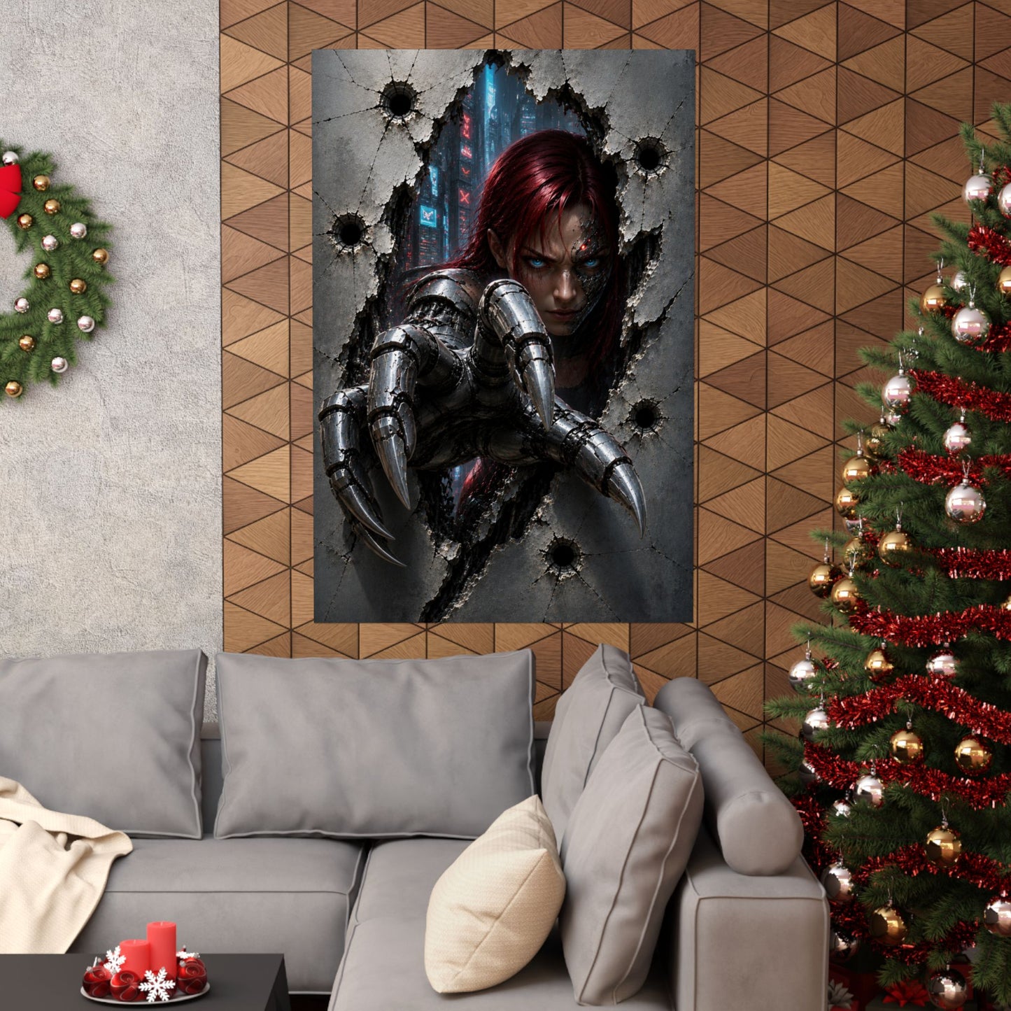Cyberpunk Assassin Matte Poster — Red-Haired Cyborg Claw Wall Art