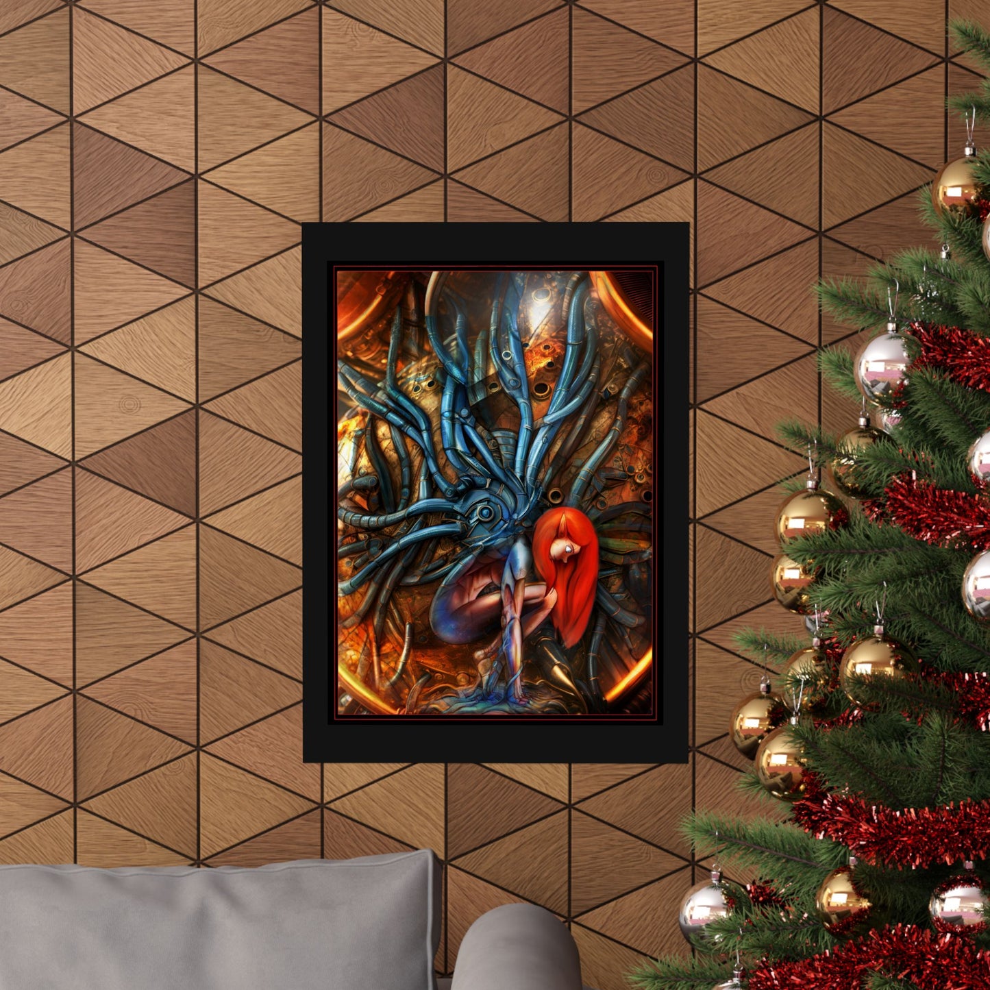 Sci‑Fi Surreal Poster — Red‑Haired Cyborg & Mechanical Kraken Matte Vertical Art