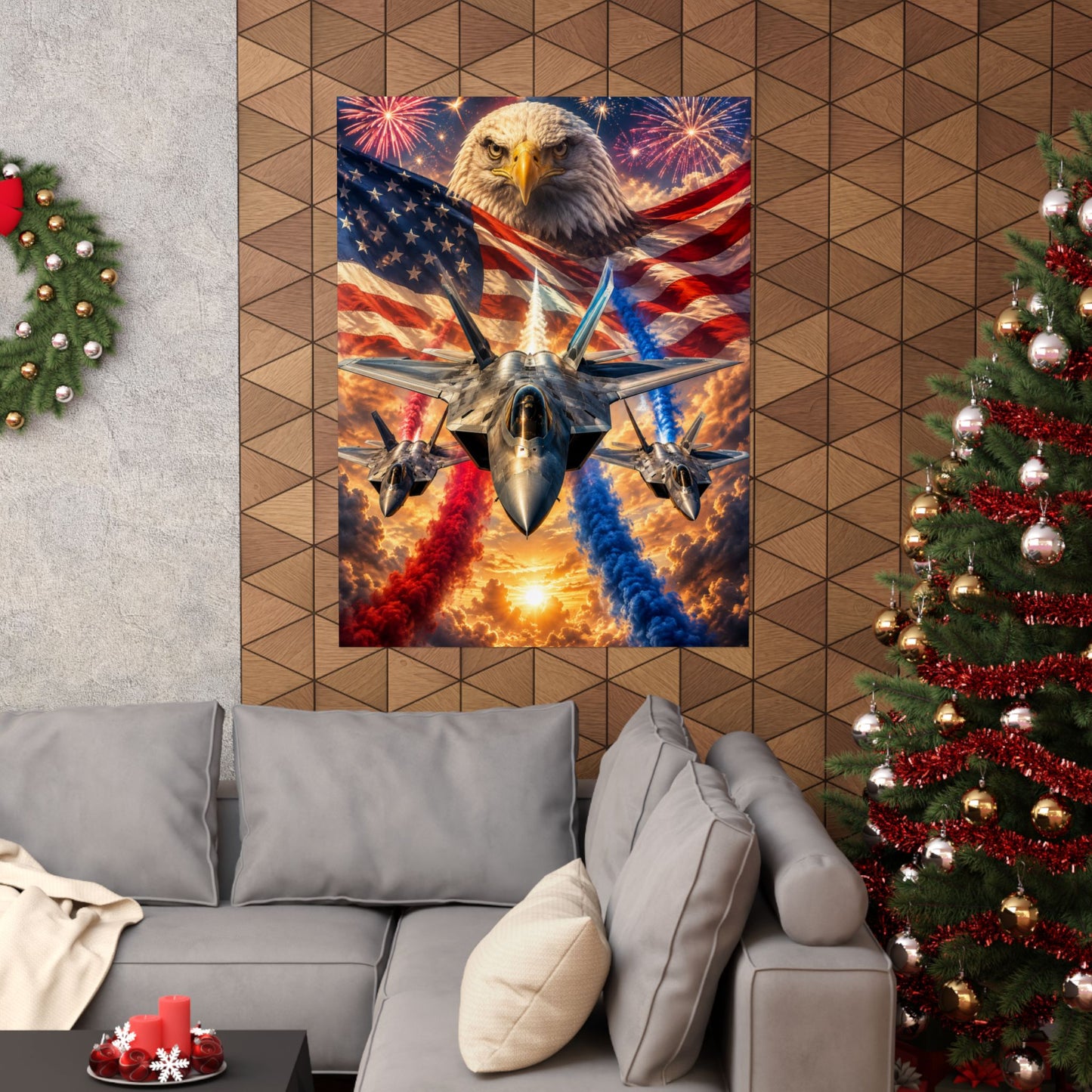 Patriotic Eagle & Fighter Jets Matte Vertical Poster — American Flag, Fireworks & 4th of July Wall Art