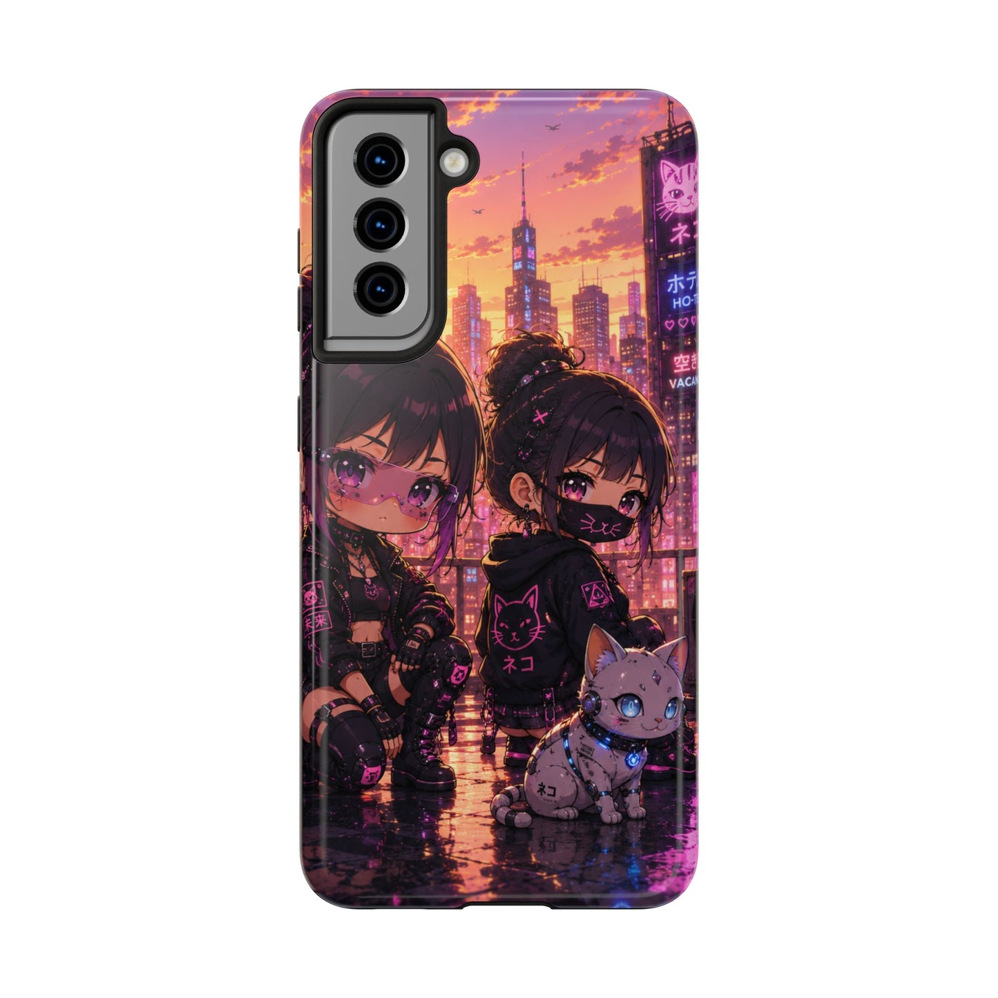 Anime City Night Tough Phone Case — Kawaii Cyberpunk Characters & Cat