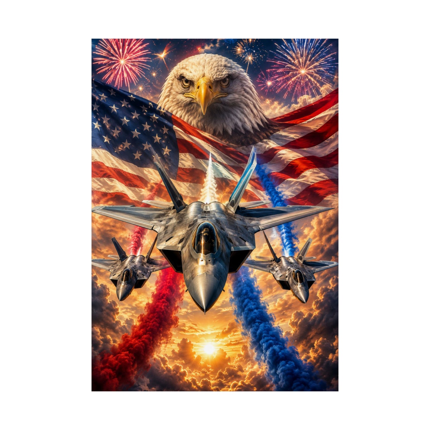 Patriotic Eagle & Fighter Jets Matte Vertical Poster — American Flag, Fireworks & 4th of July Wall Art