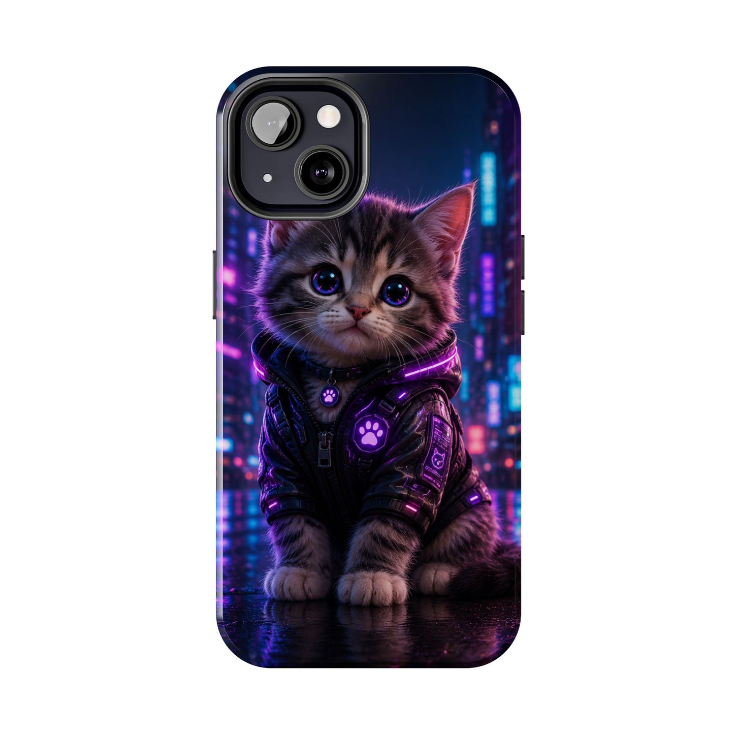 Cyberpunk Kitten Tough Phone Case — Neon Cat Protective Phone Cover