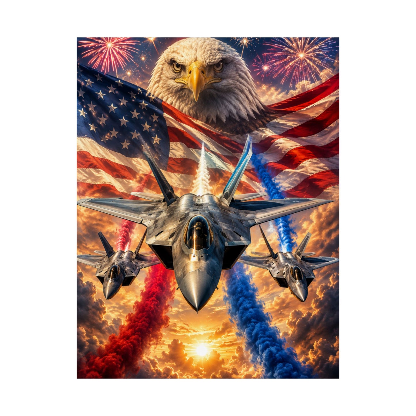 Patriotic Eagle & Fighter Jets Matte Vertical Poster — American Flag, Fireworks & 4th of July Wall Art