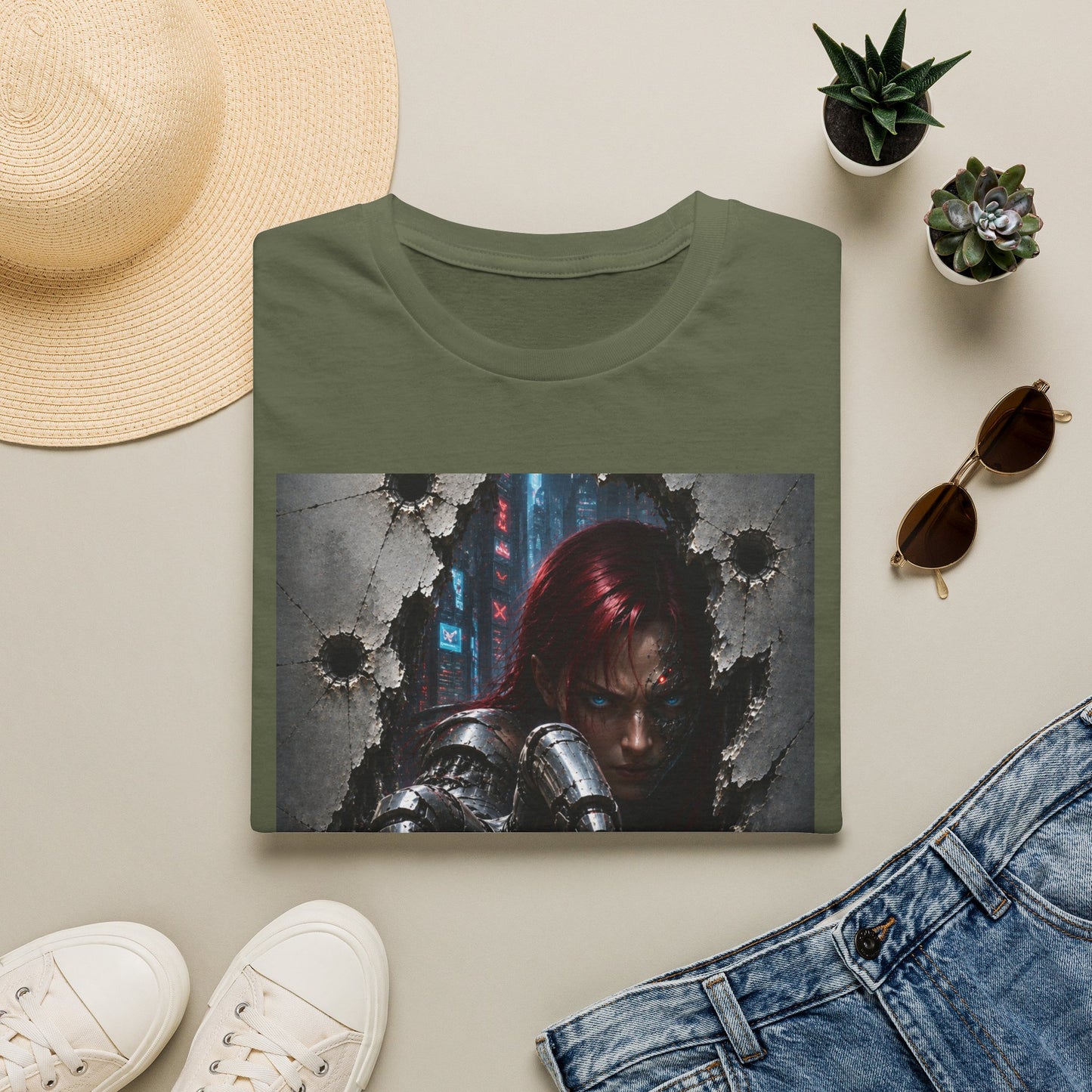 Cyberpunk Warrior Graphic T-Shirt — Red-Haired Brawler Design