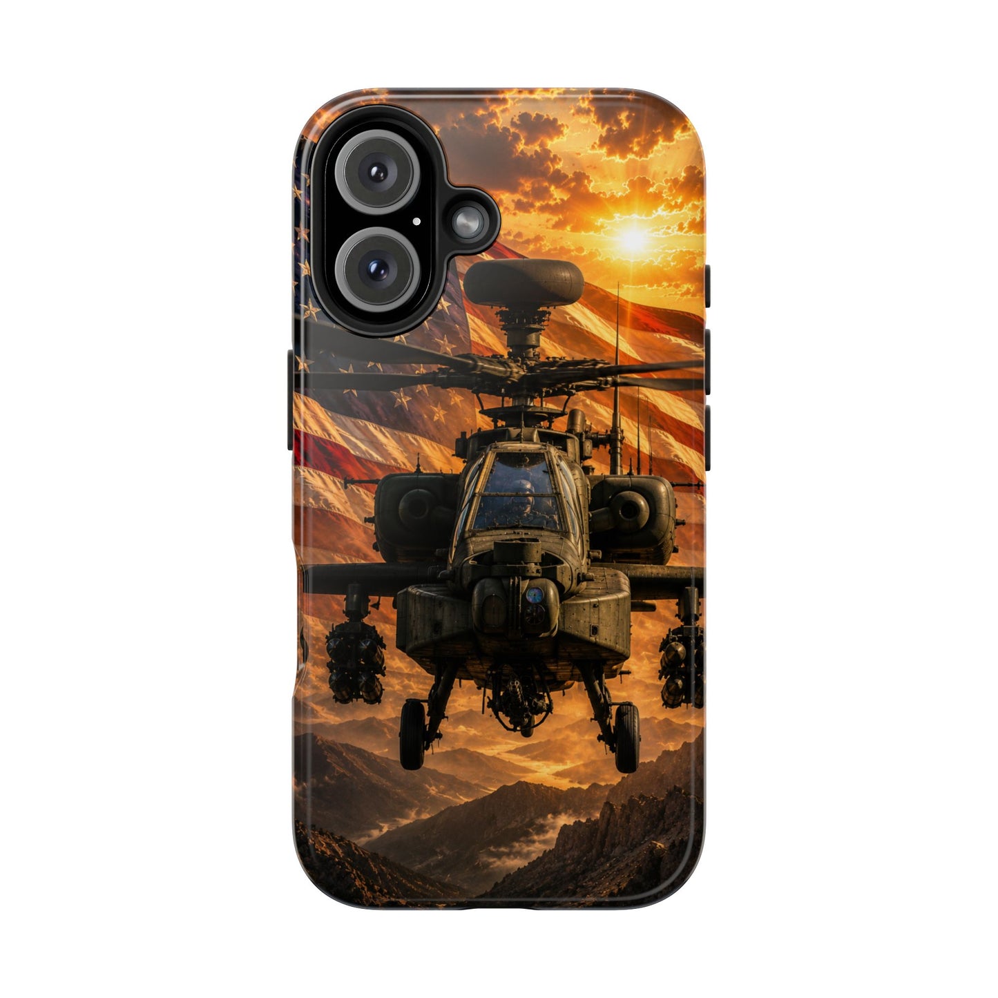 Military Apache Helicopter Phone Case — American Flag Sunset Tough Phone Case