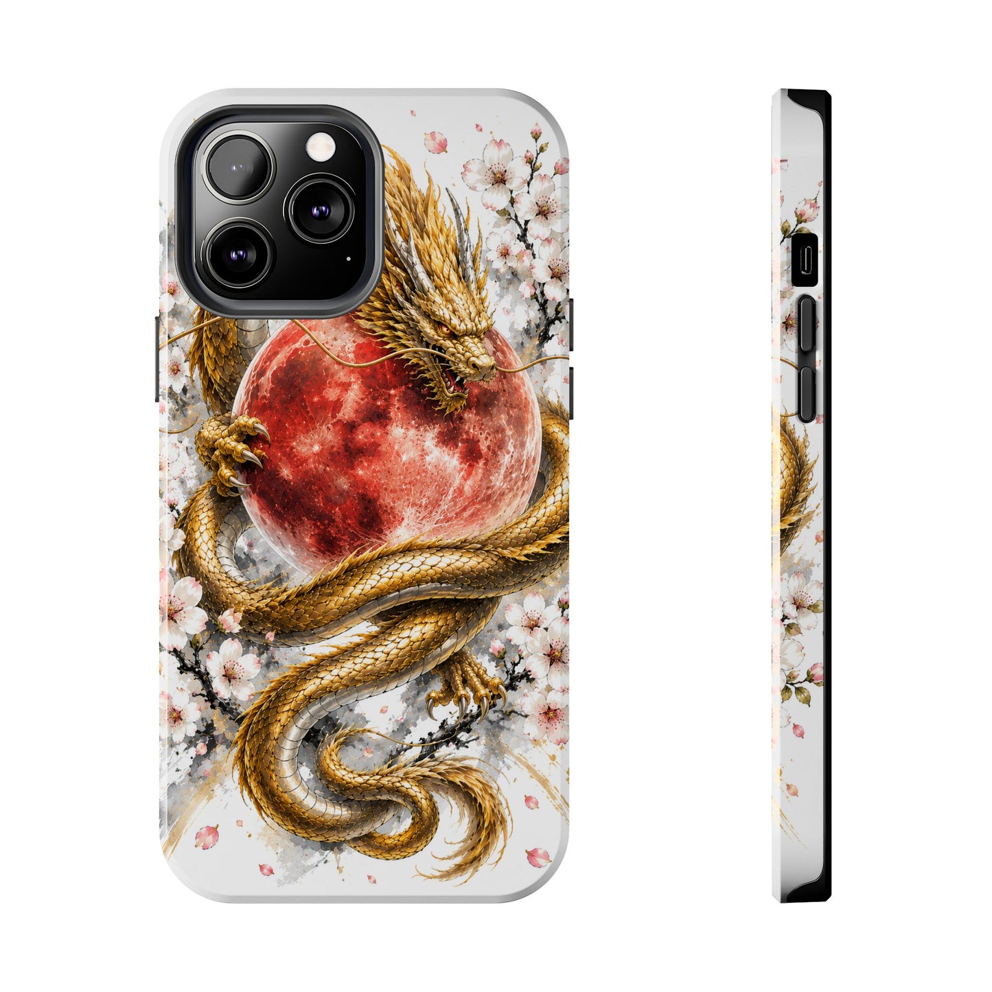 Golden Dragon Phone Case — Red Moon & Cherry Blossom Tough Phone Case