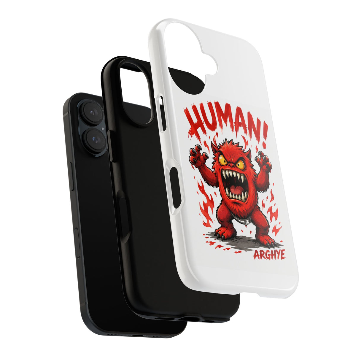 Angry Monster "HUMAN!" Phone Case — Cute Fiery Creature iPhone Cover