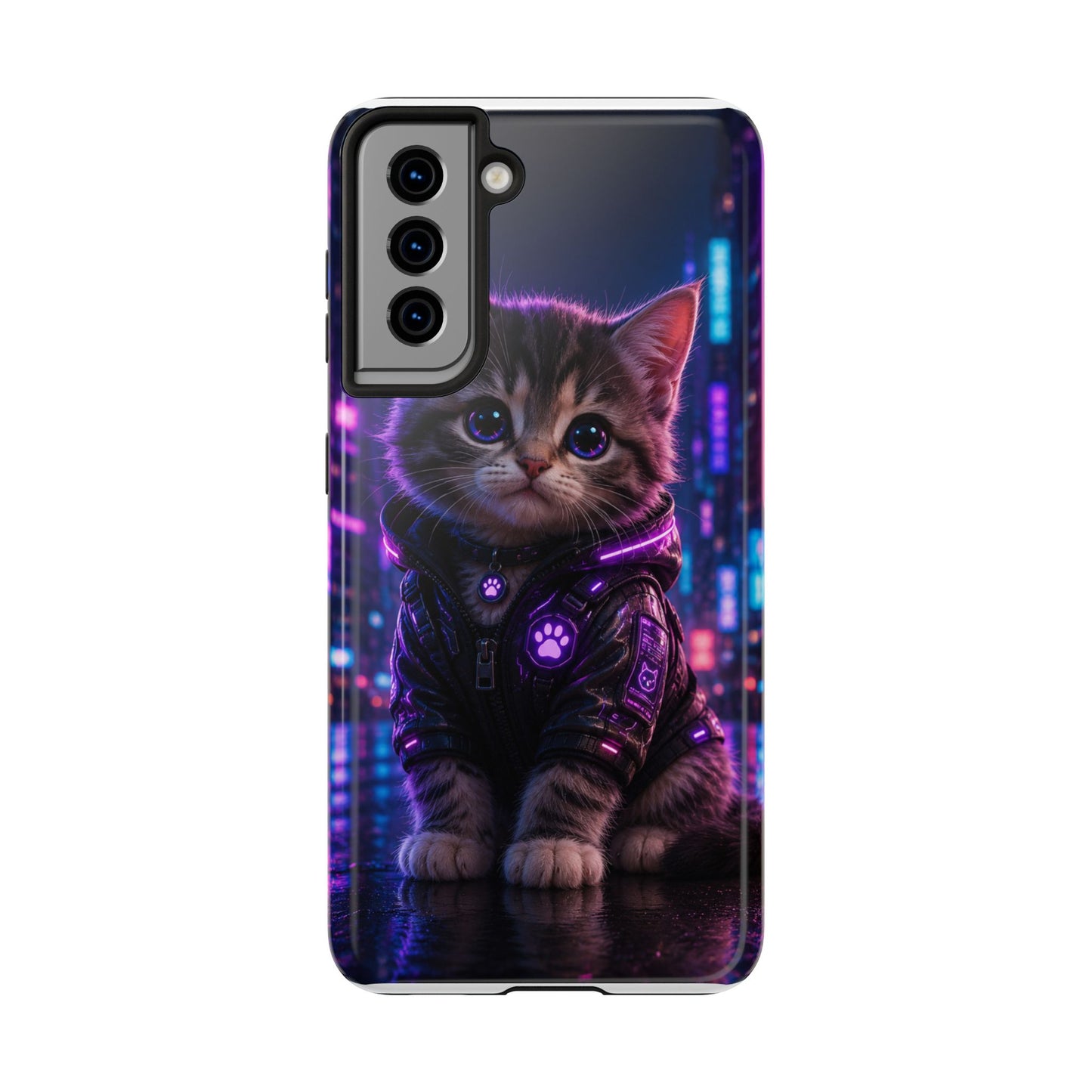 Cyberpunk Kitten Tough Phone Case — Neon Cat Protective Phone Cover