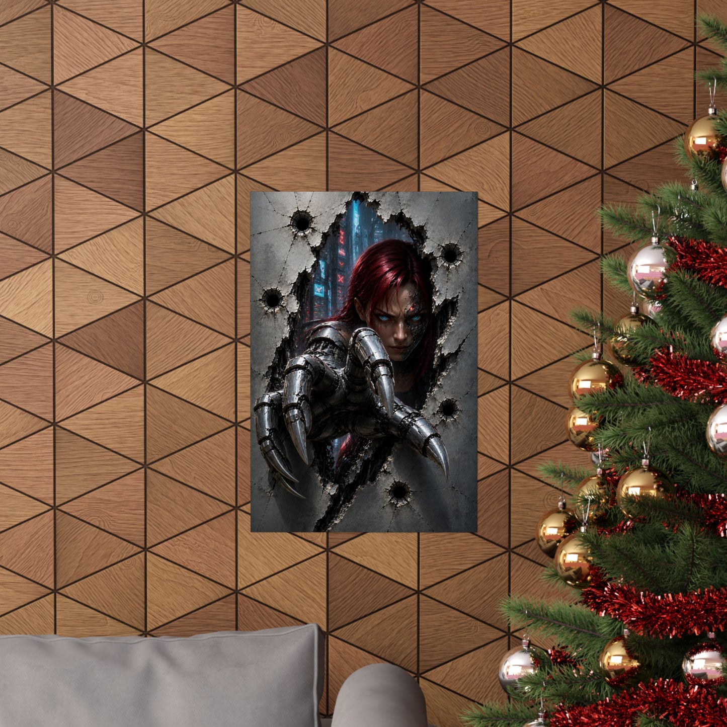Cyberpunk Assassin Matte Poster — Red-Haired Cyborg Claw Wall Art