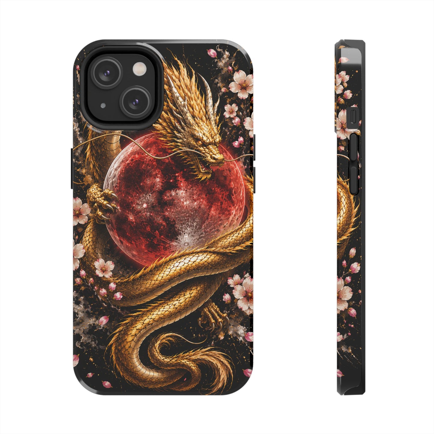 Golden Dragon Moon Tough Phone Case — Cherry Blossoms & Red Moon Protective Cover