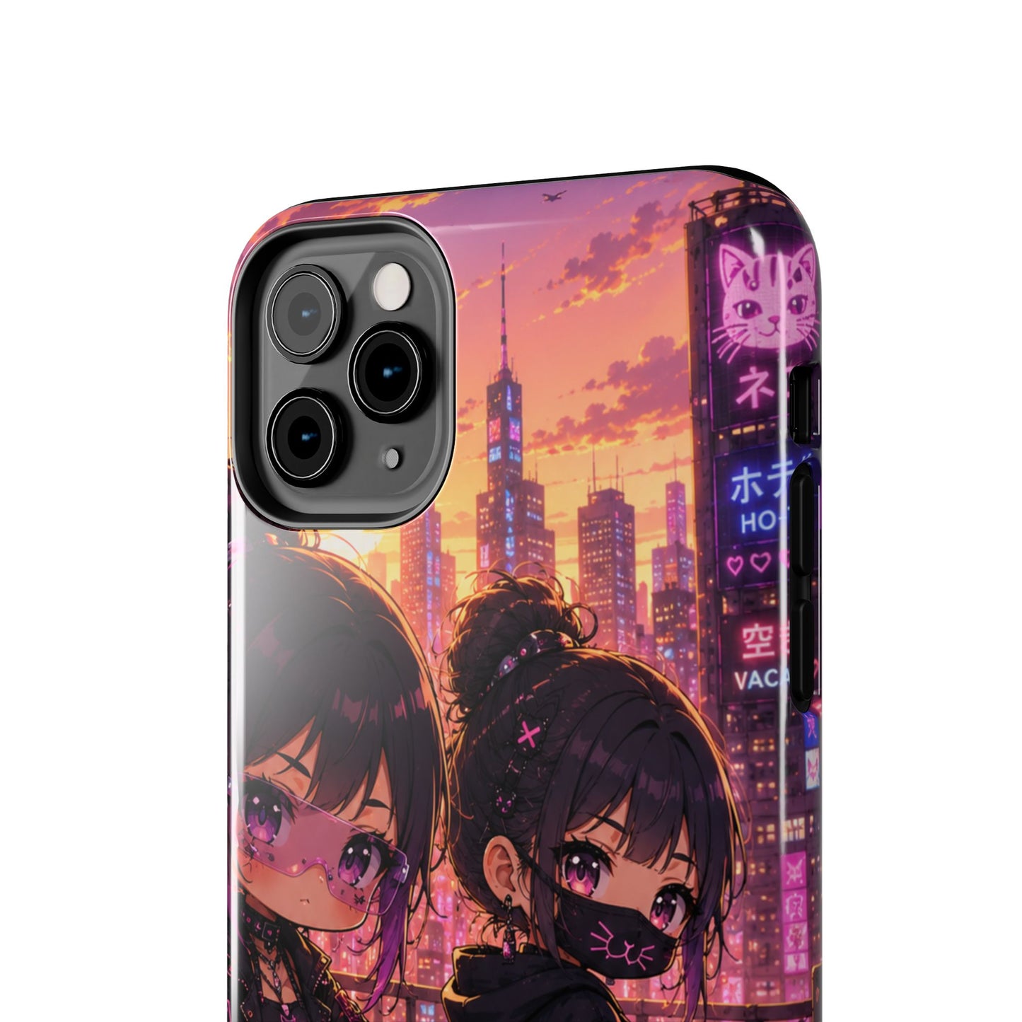 Anime City Night Tough Phone Case — Kawaii Cyberpunk Characters & Cat