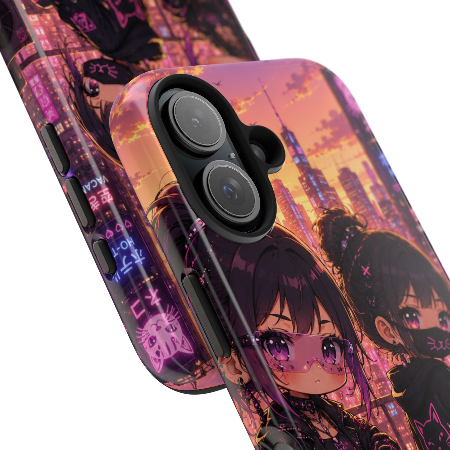 Anime City Night Tough Phone Case — Kawaii Cyberpunk Characters & Cat
