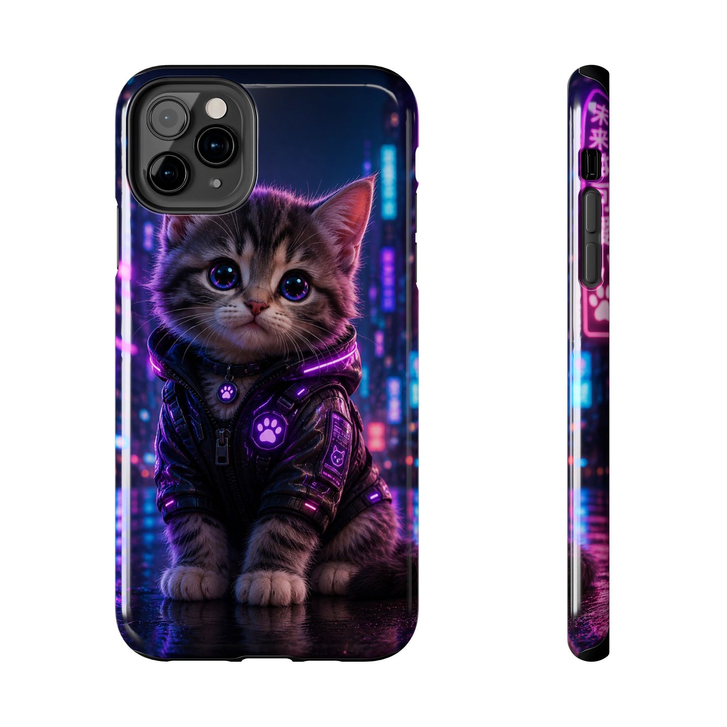 Cyberpunk Kitten Tough Phone Case — Neon Cat Protective Phone Cover