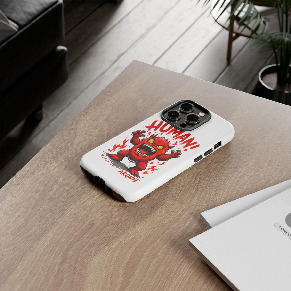 Angry Monster "HUMAN!" Phone Case — Cute Fiery Creature iPhone Cover