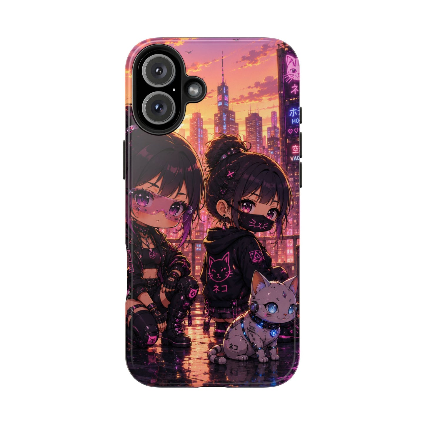 Anime City Night Tough Phone Case — Kawaii Cyberpunk Characters & Cat