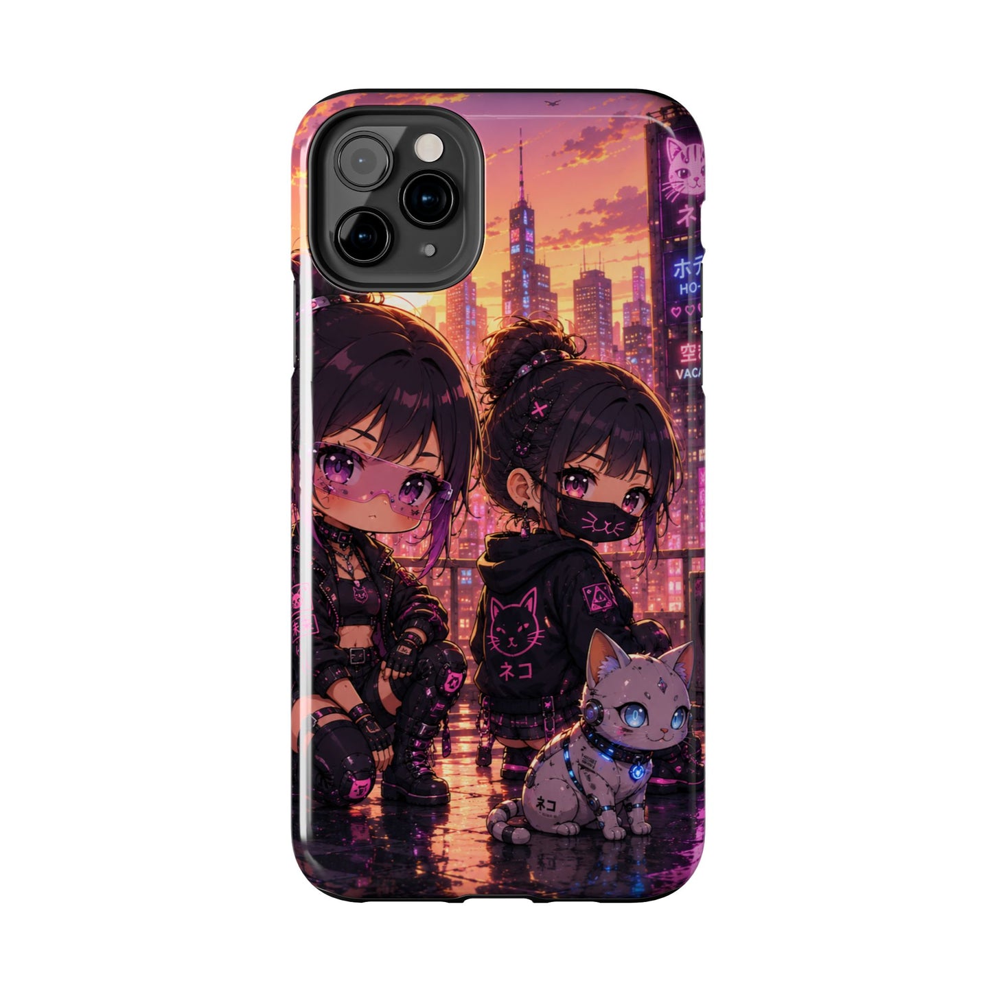 Anime City Night Tough Phone Case — Kawaii Cyberpunk Characters & Cat