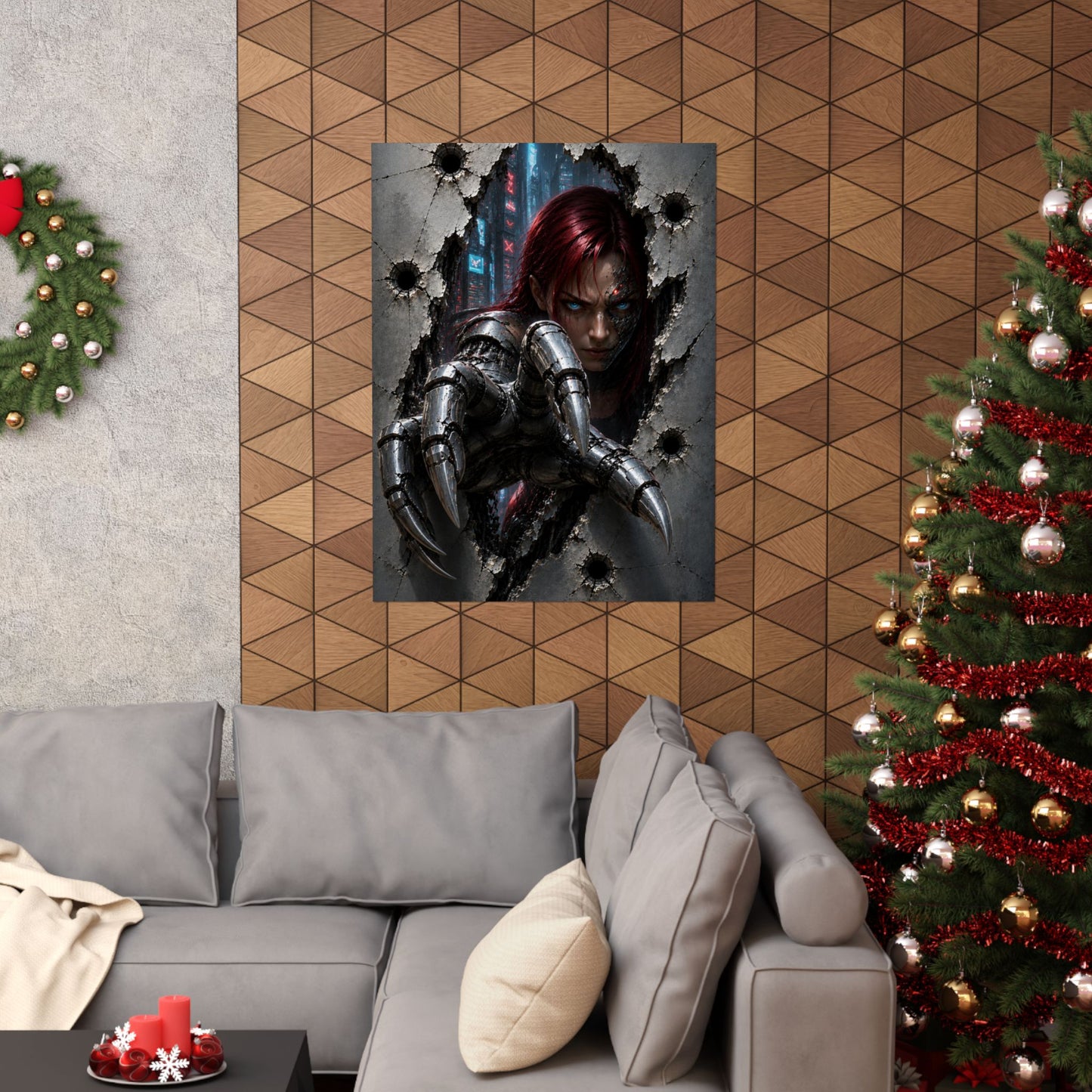 Cyberpunk Assassin Matte Poster — Red-Haired Cyborg Claw Wall Art