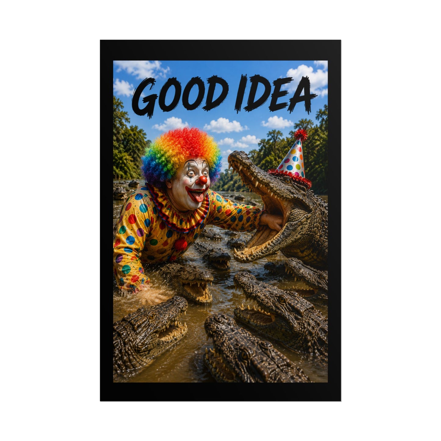 Clown & Crocodile 'Good Idea' Poster - Funny Surreal Wall Art