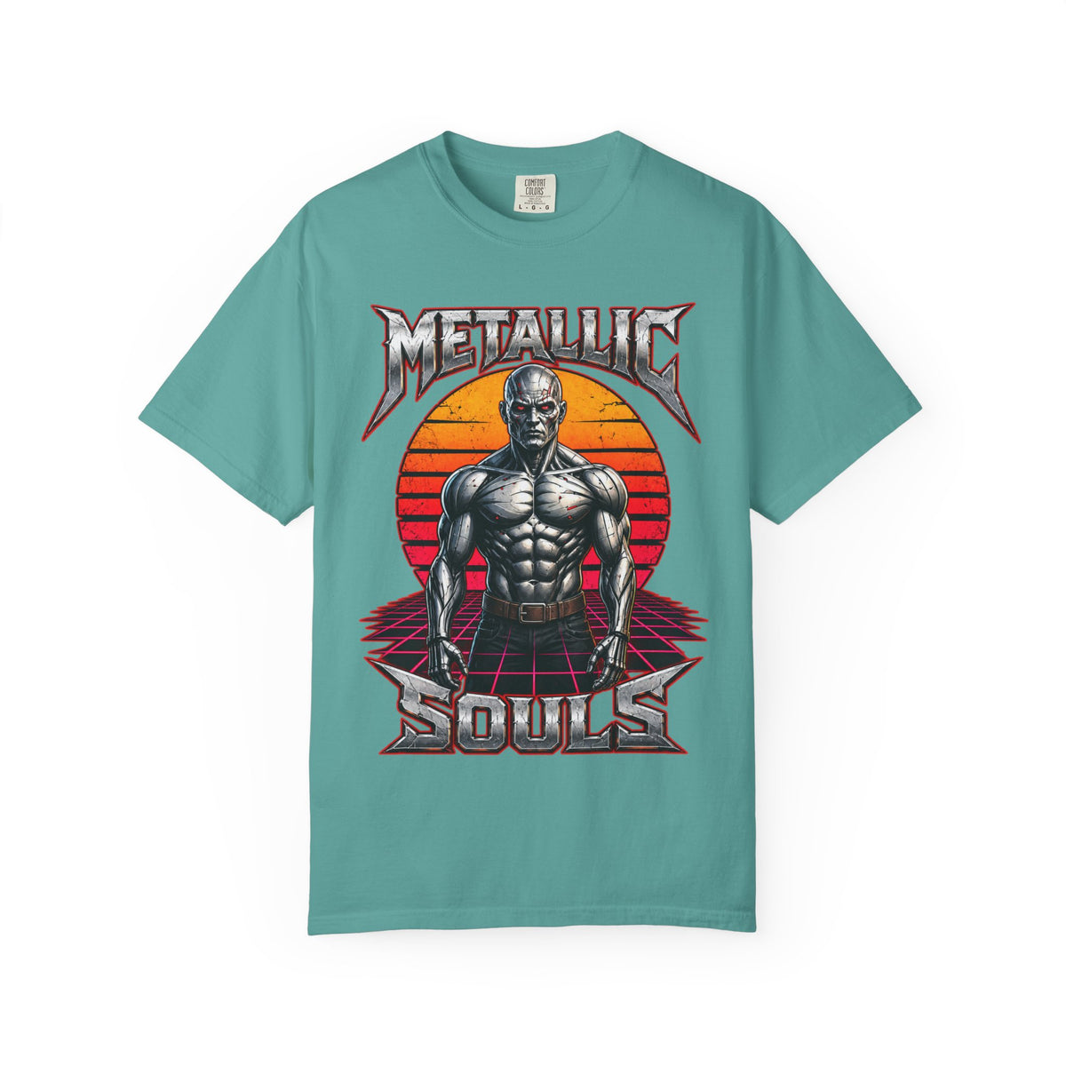 Metallic Souls T-Shirt — Retro Sunset Muscular Warrior Graphic Tee