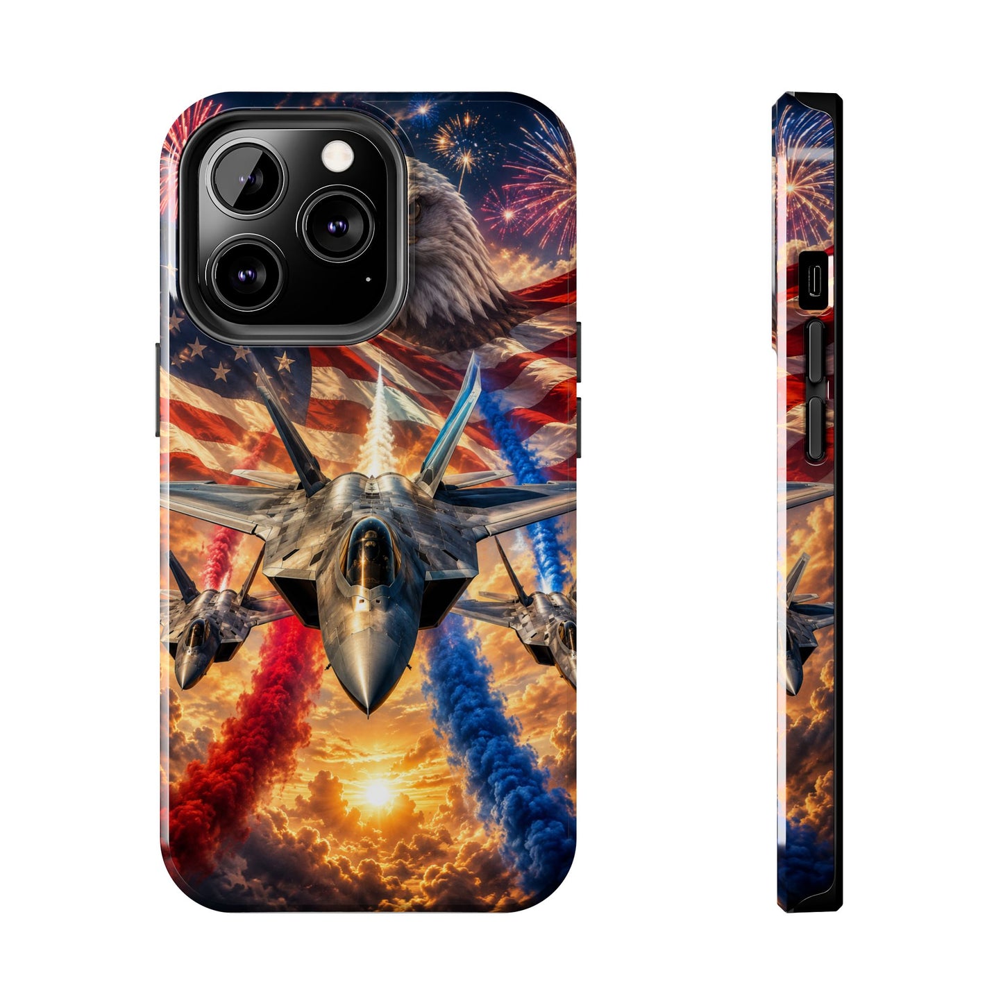Patriotic Fighter Jet Phone Case with Eagle, American Flag & Fireworks Design