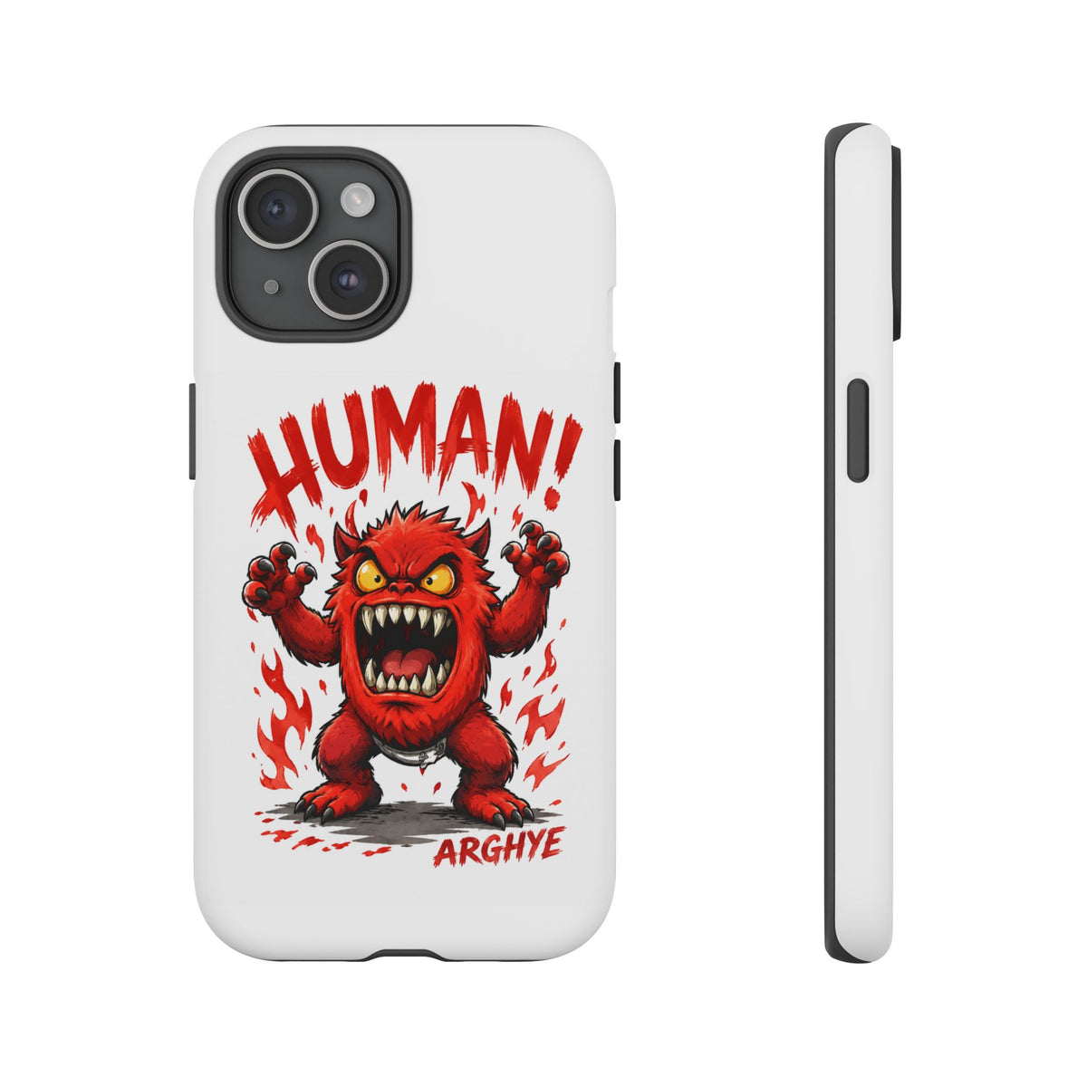 Angry Monster "HUMAN!" Phone Case — Cute Fiery Creature iPhone Cover