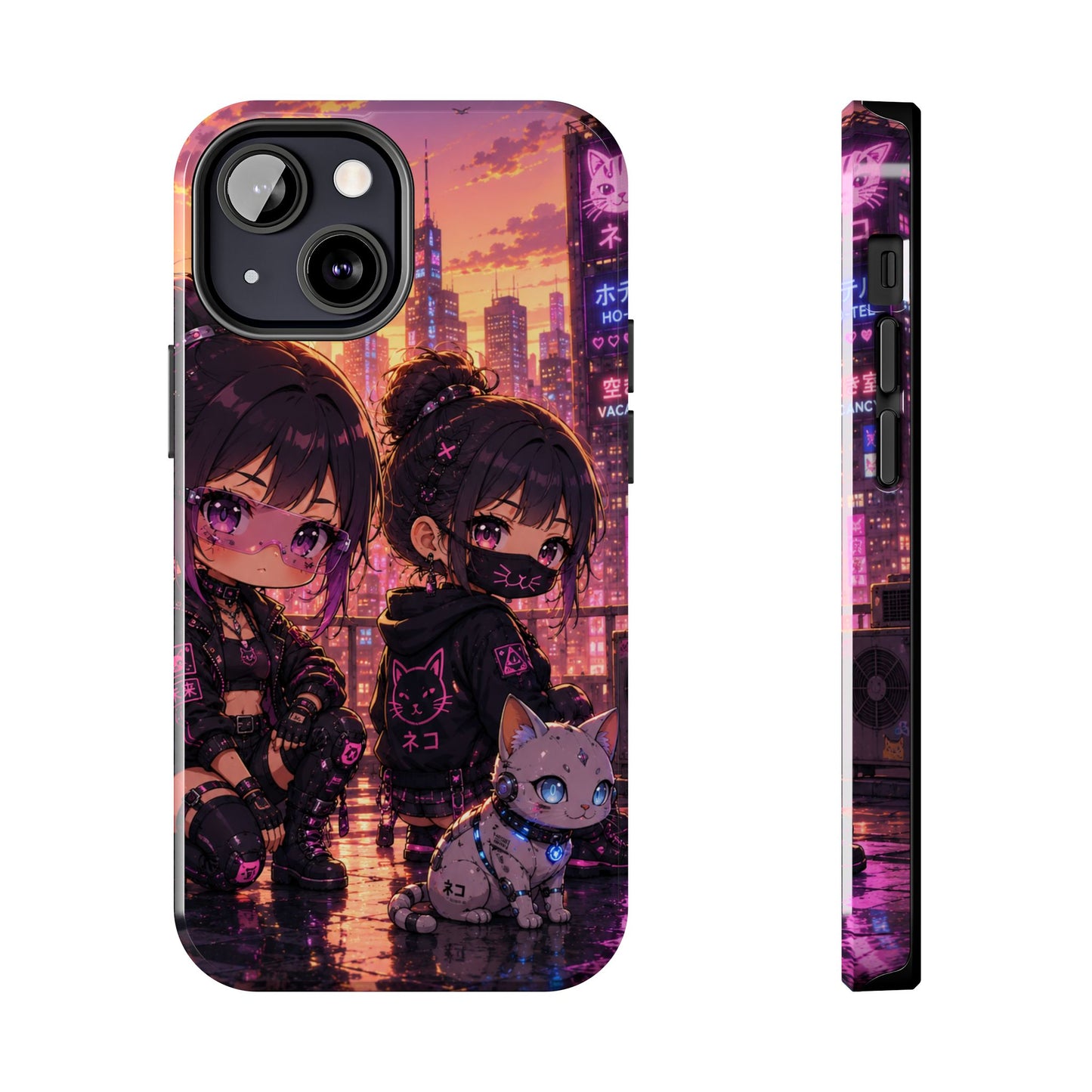 Anime City Night Tough Phone Case — Kawaii Cyberpunk Characters & Cat