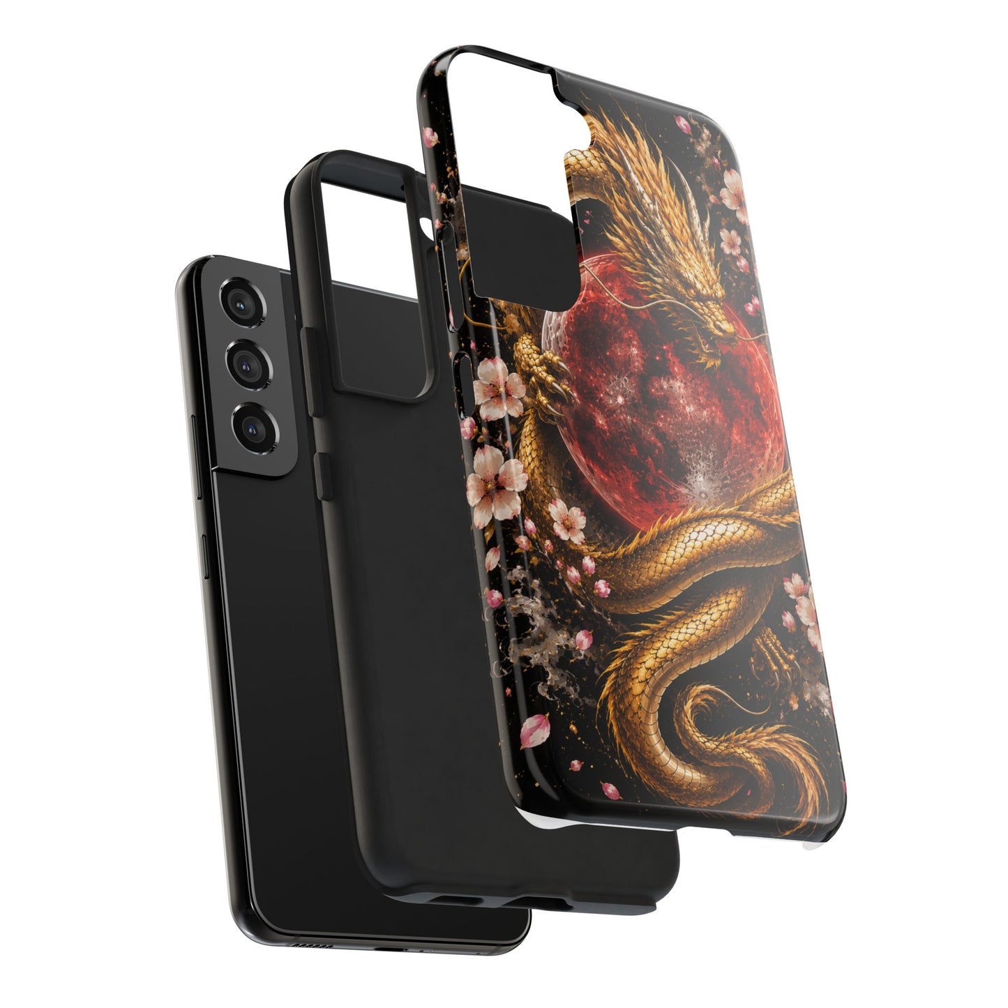 Golden Dragon Moon Tough Phone Case — Cherry Blossoms & Red Moon Protective Cover