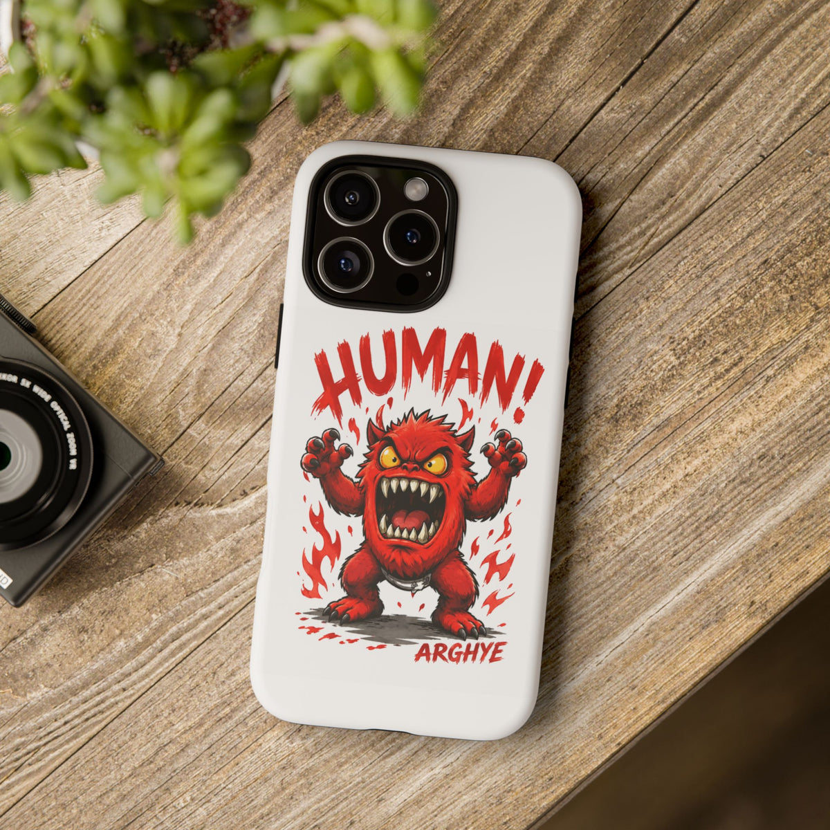 Angry Monster "HUMAN!" Phone Case — Cute Fiery Creature iPhone Cover