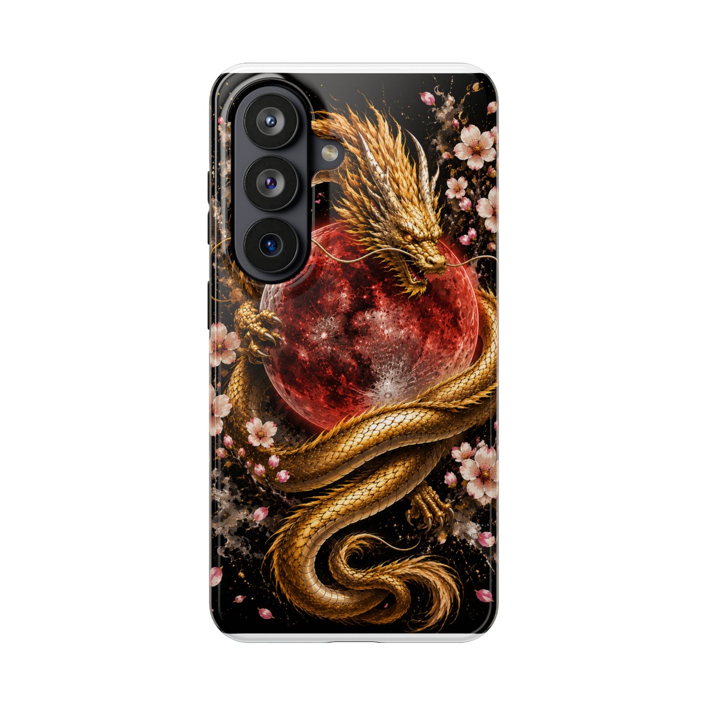 Golden Dragon Moon Tough Phone Case — Cherry Blossoms & Red Moon Protective Cover