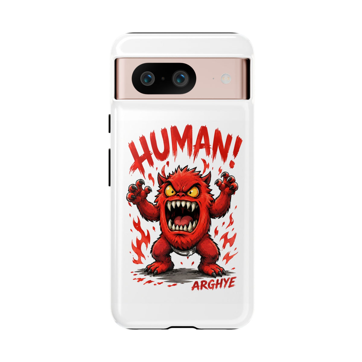 Angry Monster "HUMAN!" Phone Case — Cute Fiery Creature iPhone Cover