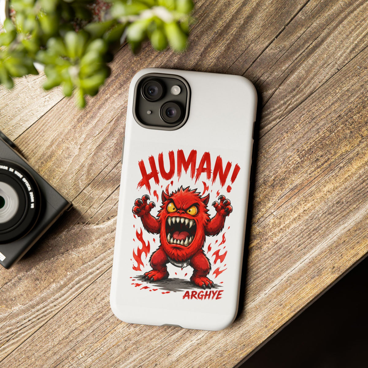 Angry Monster "HUMAN!" Phone Case — Cute Fiery Creature iPhone Cover