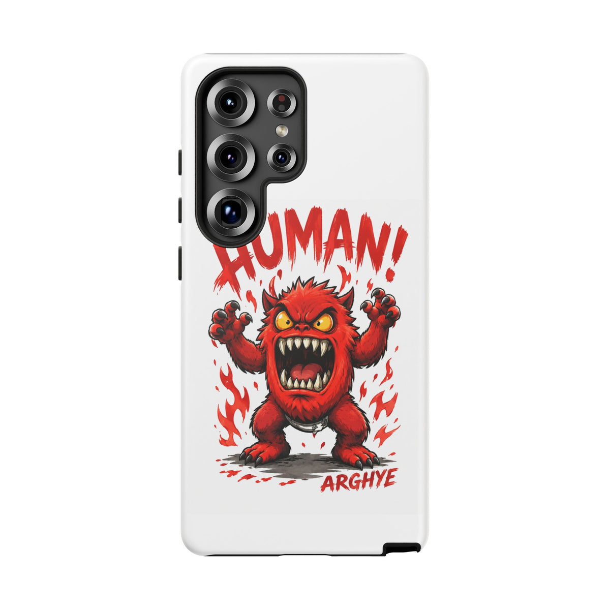 Angry Monster "HUMAN!" Phone Case — Cute Fiery Creature iPhone Cover