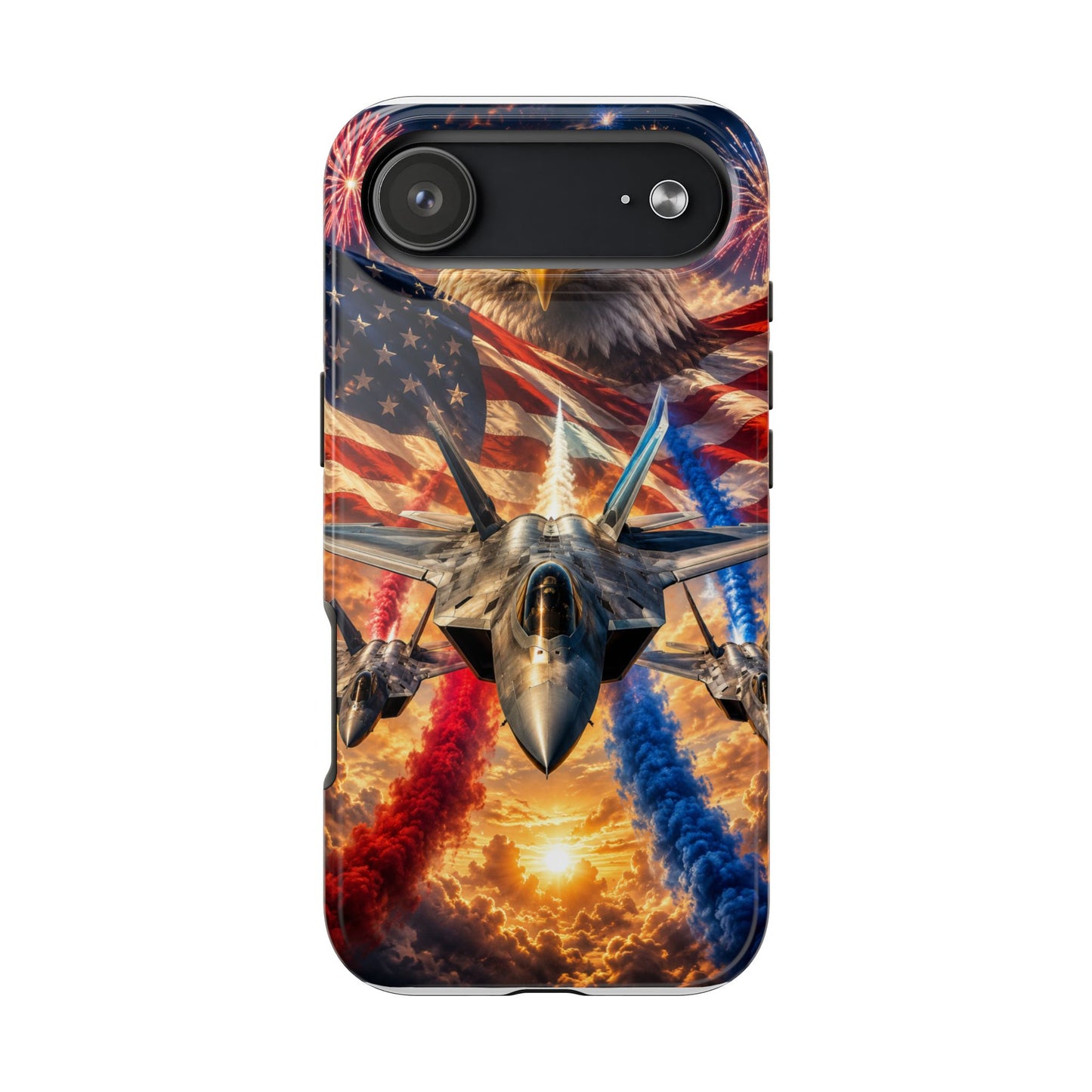 Patriotic Fighter Jet Phone Case with Eagle, American Flag & Fireworks Design