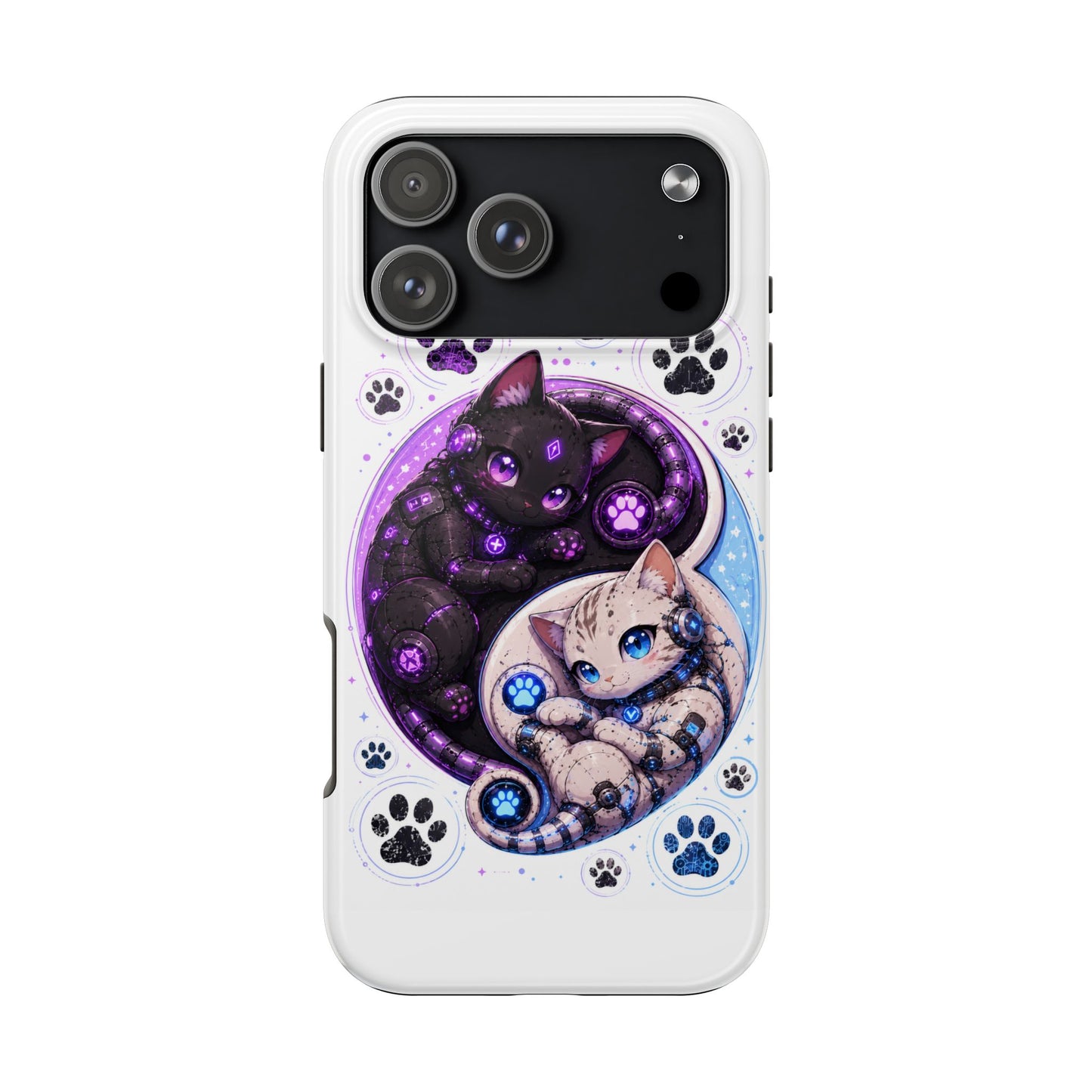 Cat Yin Yang Tough Phone Case — Black & White Kittens, Paw Print Protective Cover