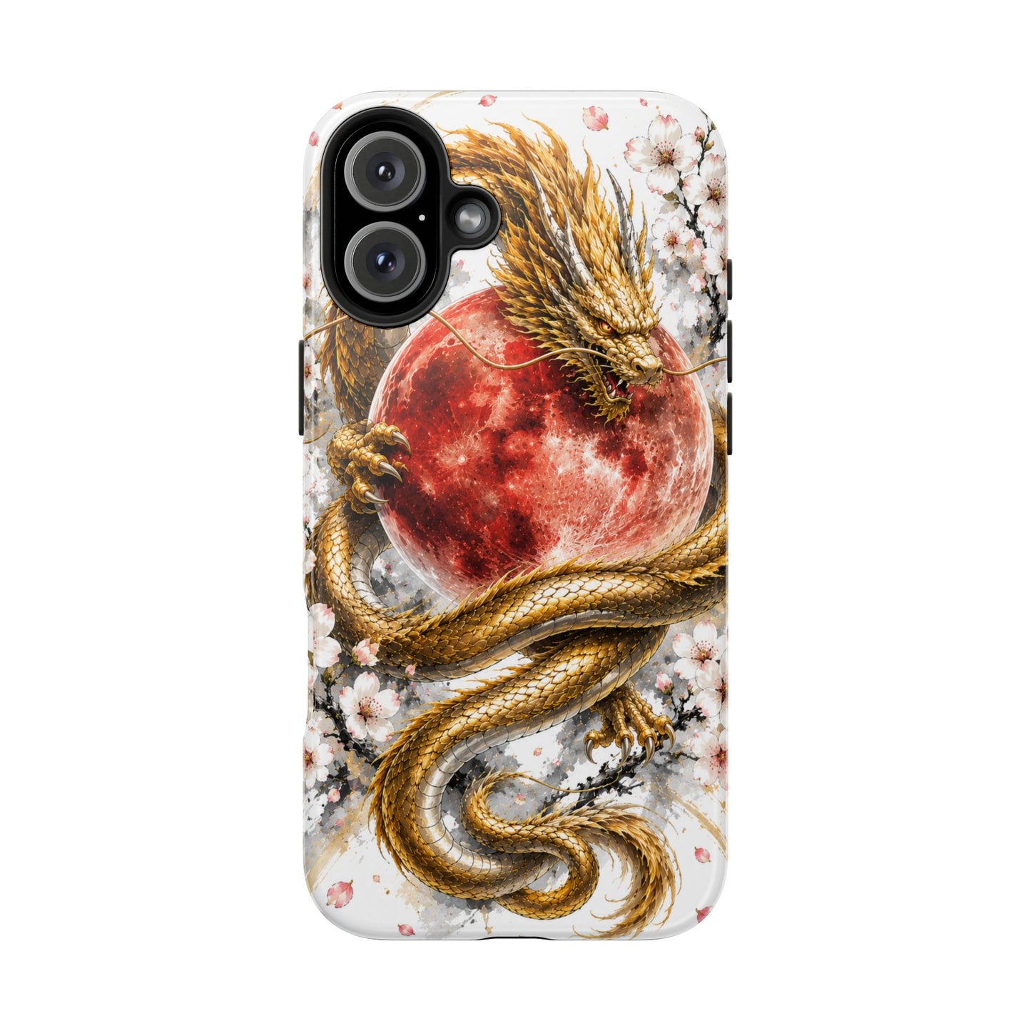 Golden Dragon Phone Case — Red Moon & Cherry Blossom Tough Phone Case