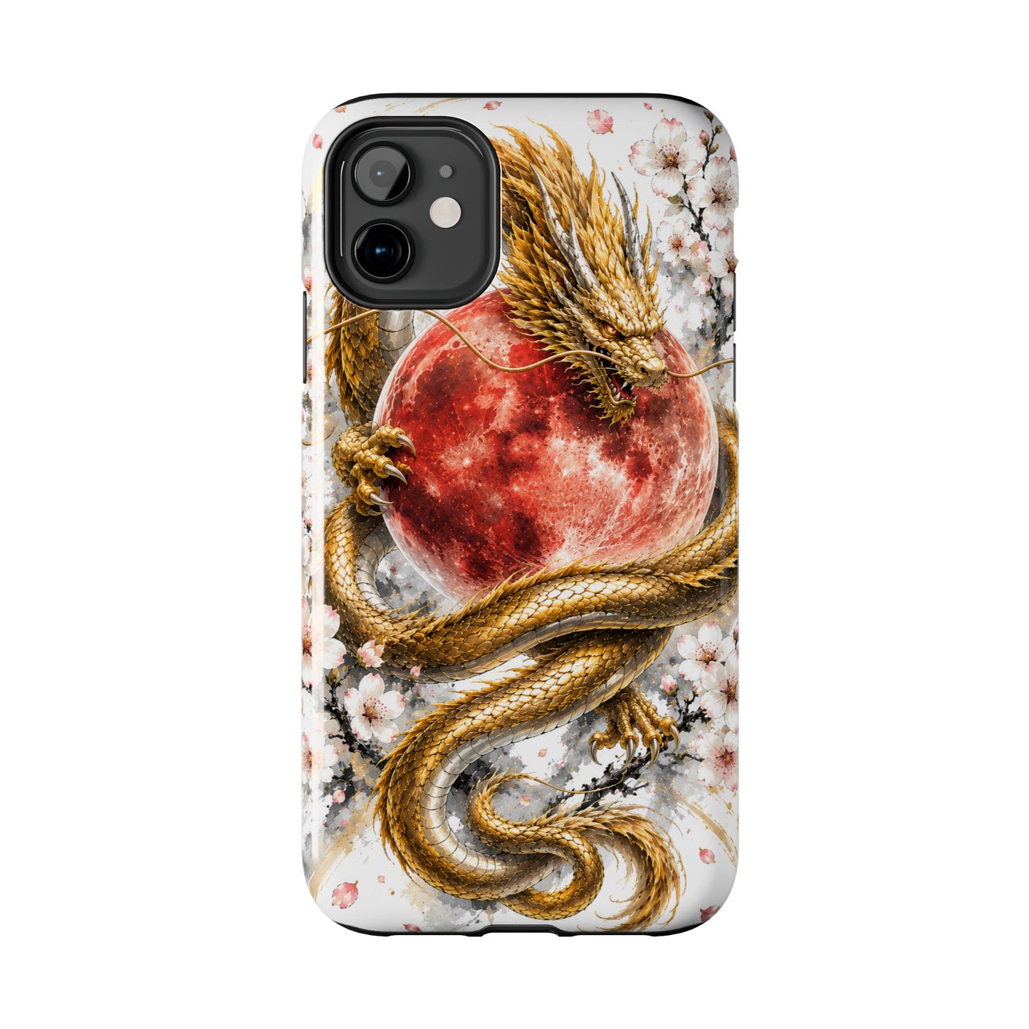 Golden Dragon Phone Case — Red Moon & Cherry Blossom Tough Phone Case