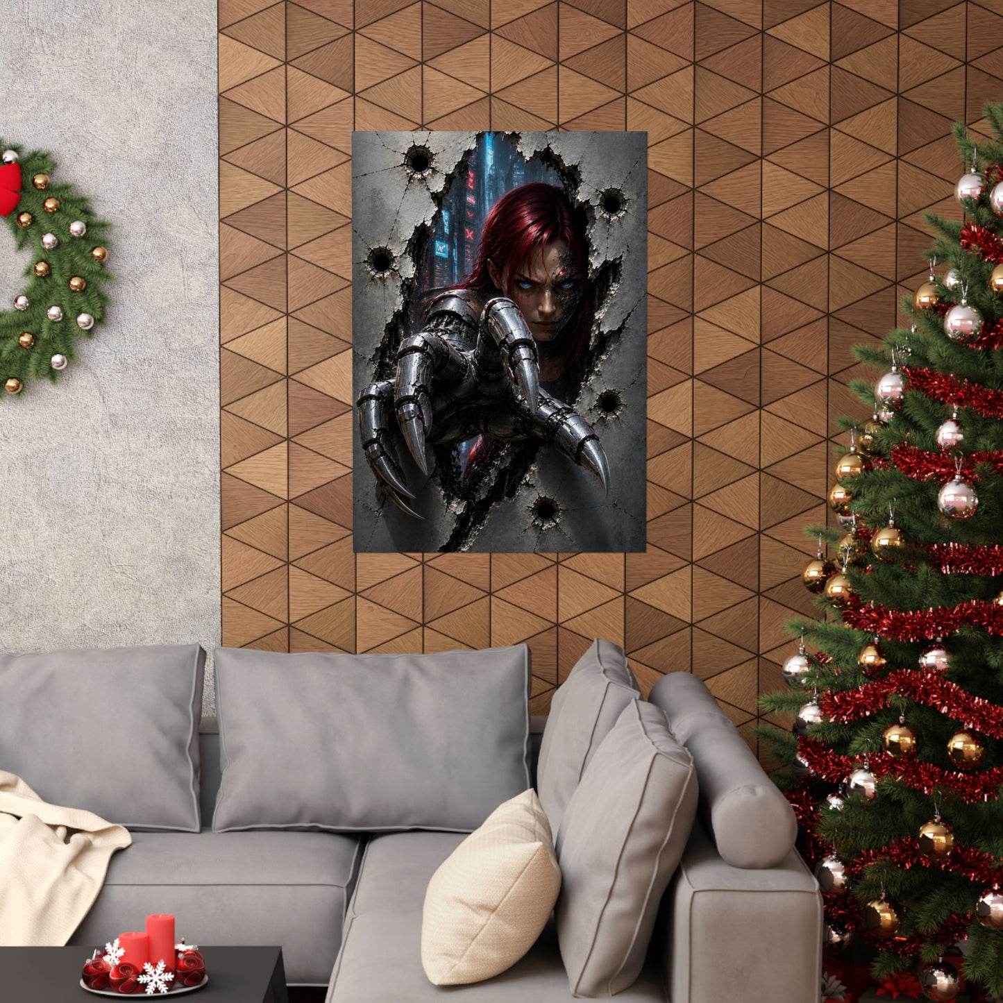 Cyberpunk Assassin Matte Poster — Red-Haired Cyborg Claw Wall Art