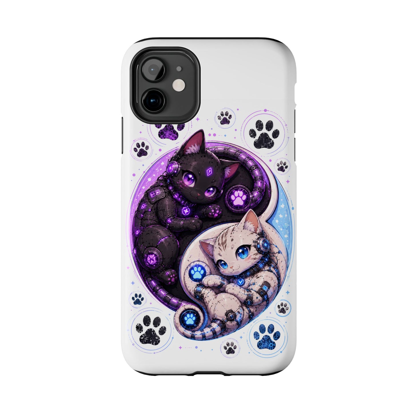 Cat Yin Yang Tough Phone Case — Black & White Kittens, Paw Print Protective Cover