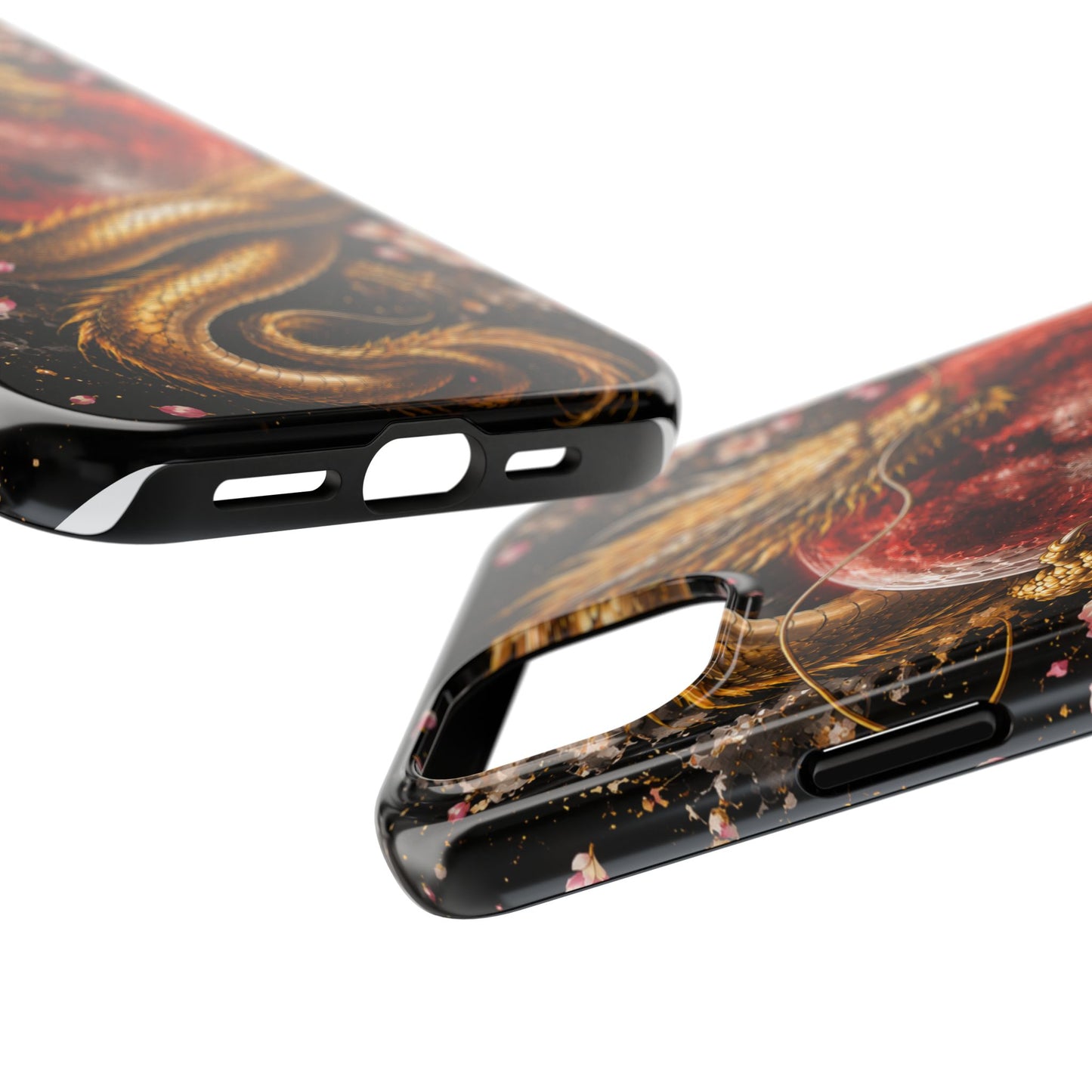 Golden Dragon Moon Tough Phone Case — Cherry Blossoms & Red Moon Protective Cover