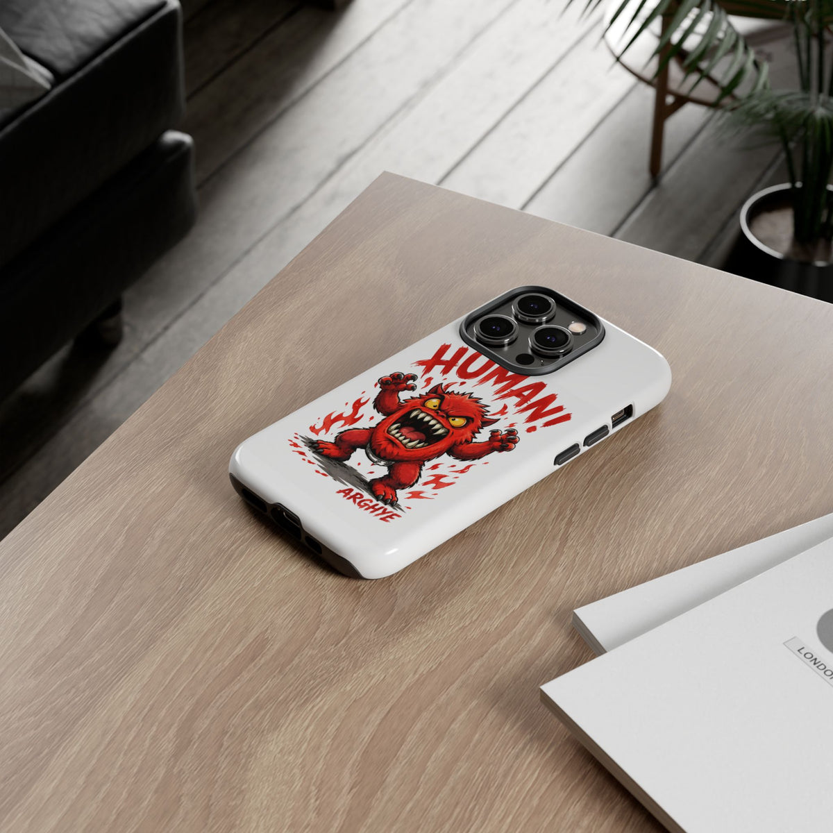 Angry Monster "HUMAN!" Phone Case — Cute Fiery Creature iPhone Cover