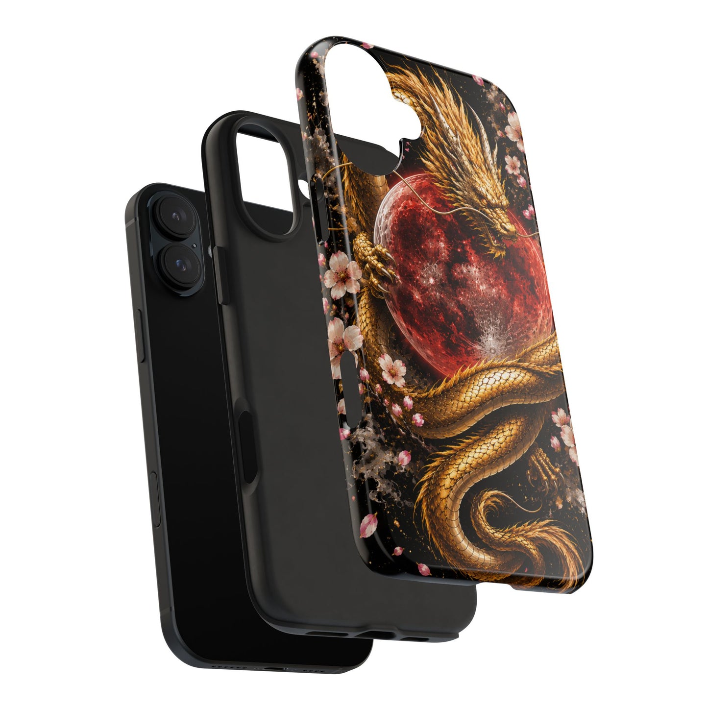 Golden Dragon Moon Tough Phone Case — Cherry Blossoms & Red Moon Protective Cover