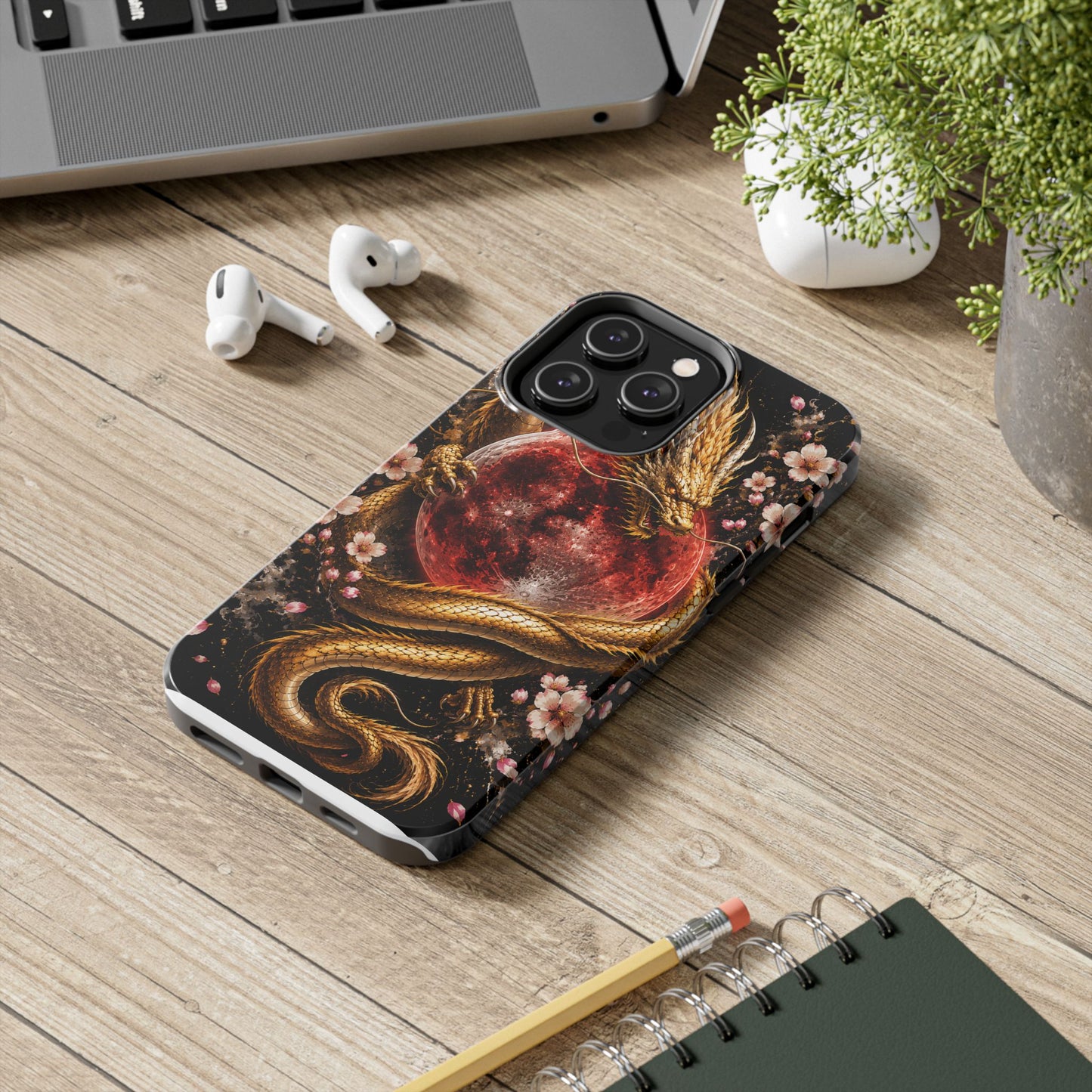 Golden Dragon Moon Tough Phone Case — Cherry Blossoms & Red Moon Protective Cover