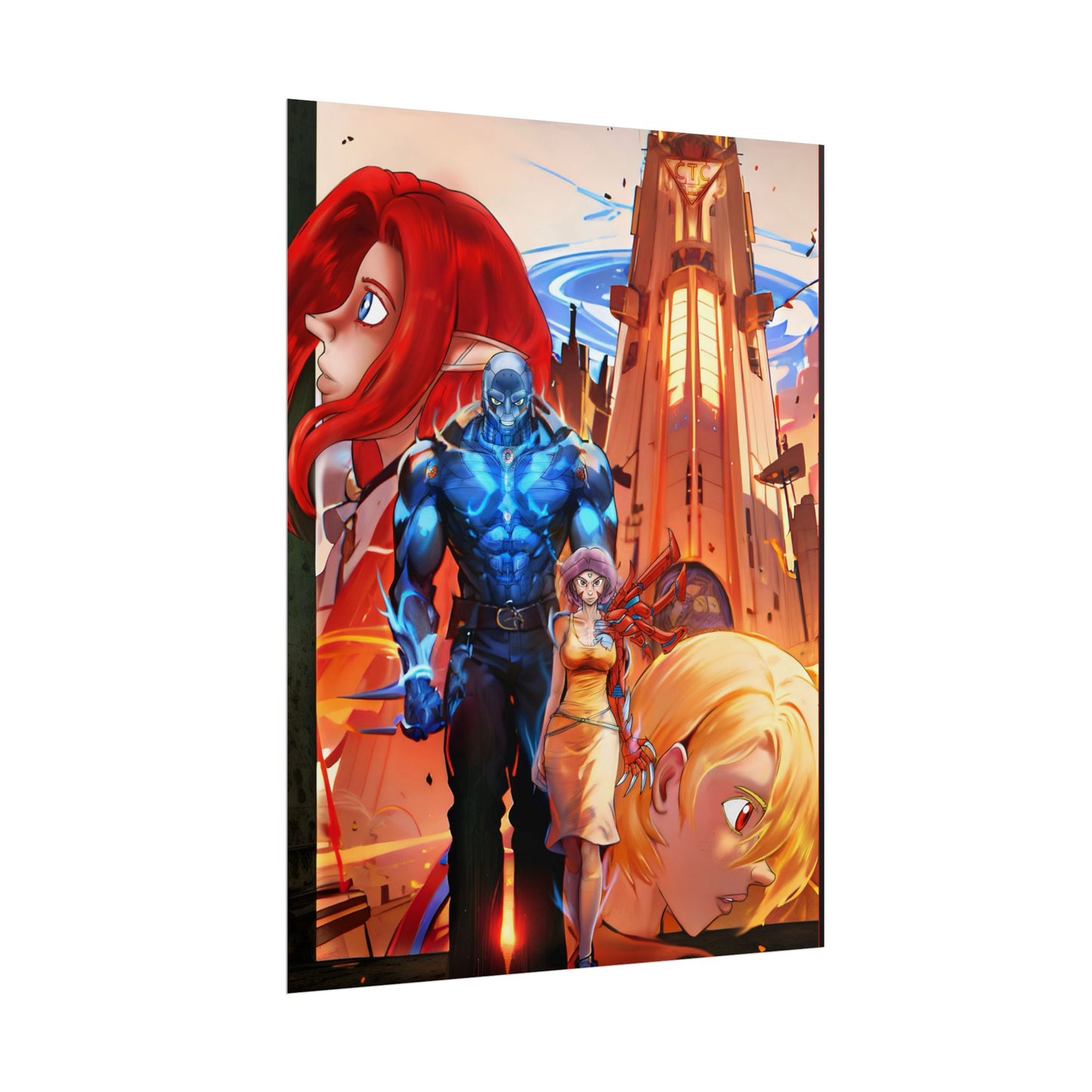 Anime Sci‑Fi Poster — Heroic Crew Tower Art Print (Rolled)