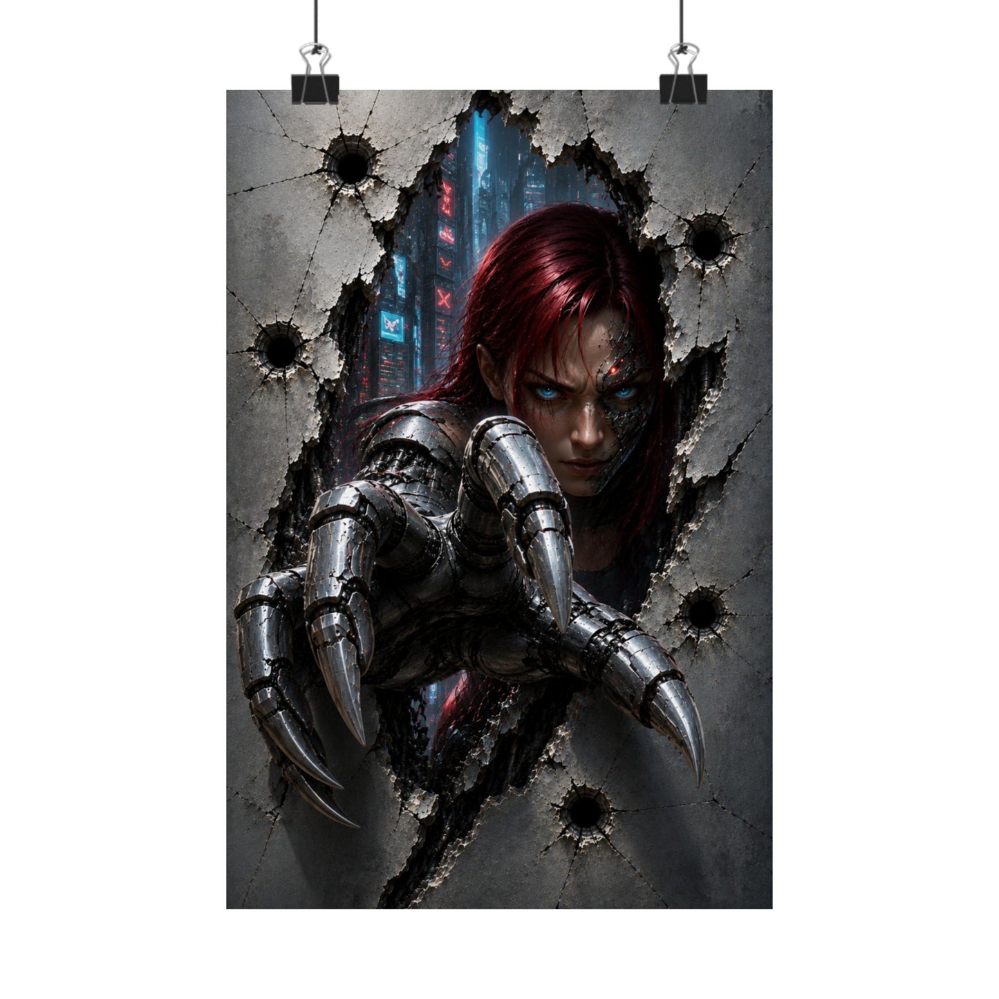 Cyberpunk Assassin Matte Poster — Red-Haired Cyborg Claw Wall Art