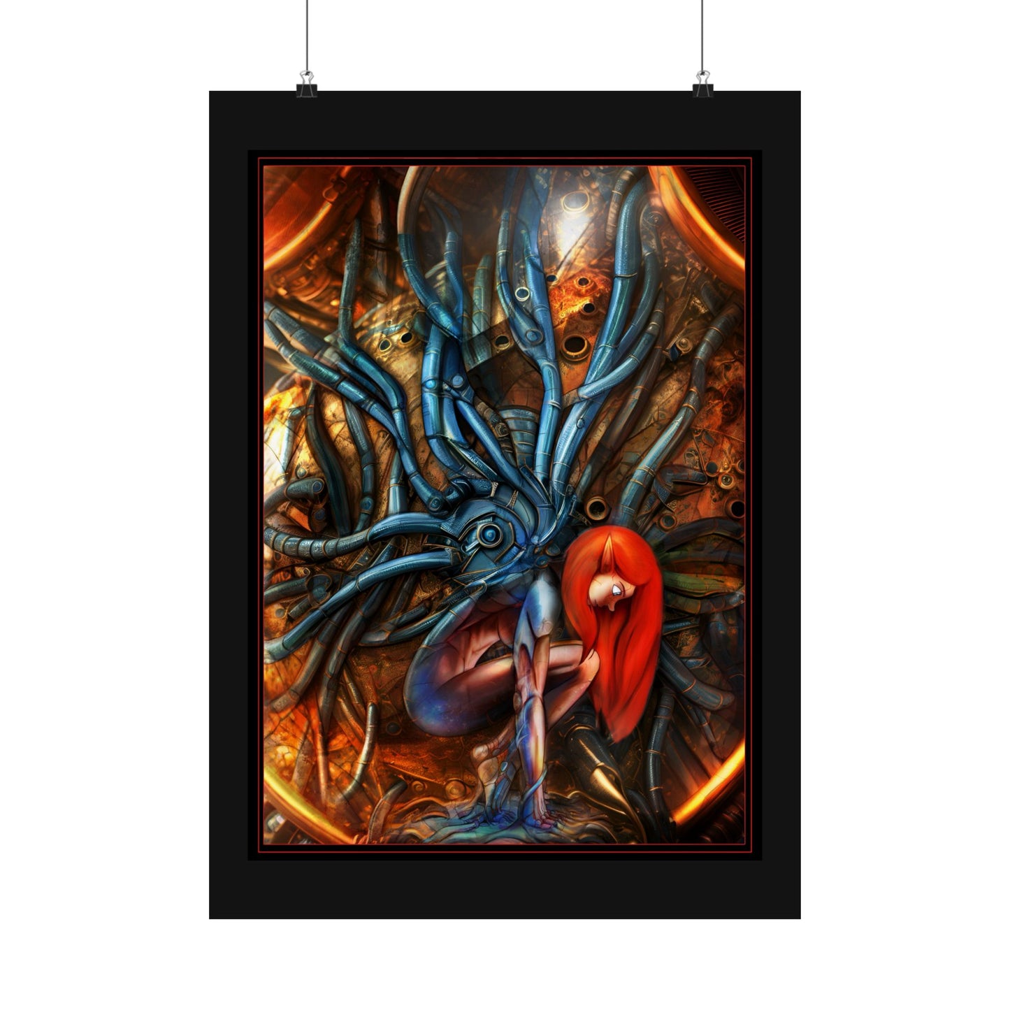 Sci‑Fi Surreal Poster — Red‑Haired Cyborg & Mechanical Kraken Matte Vertical Art