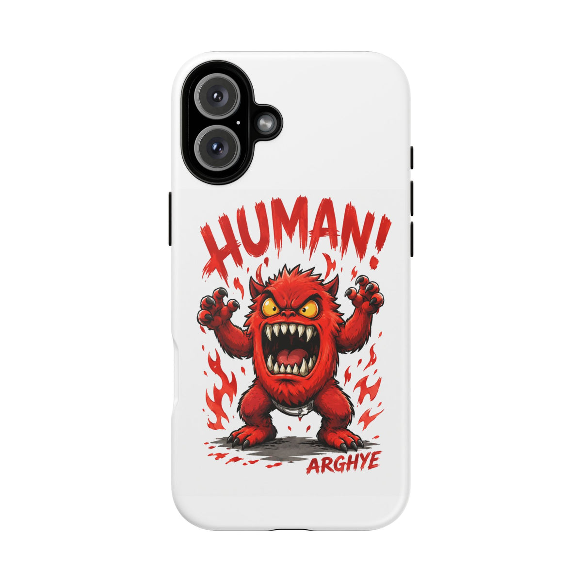 Angry Monster "HUMAN!" Phone Case — Cute Fiery Creature iPhone Cover