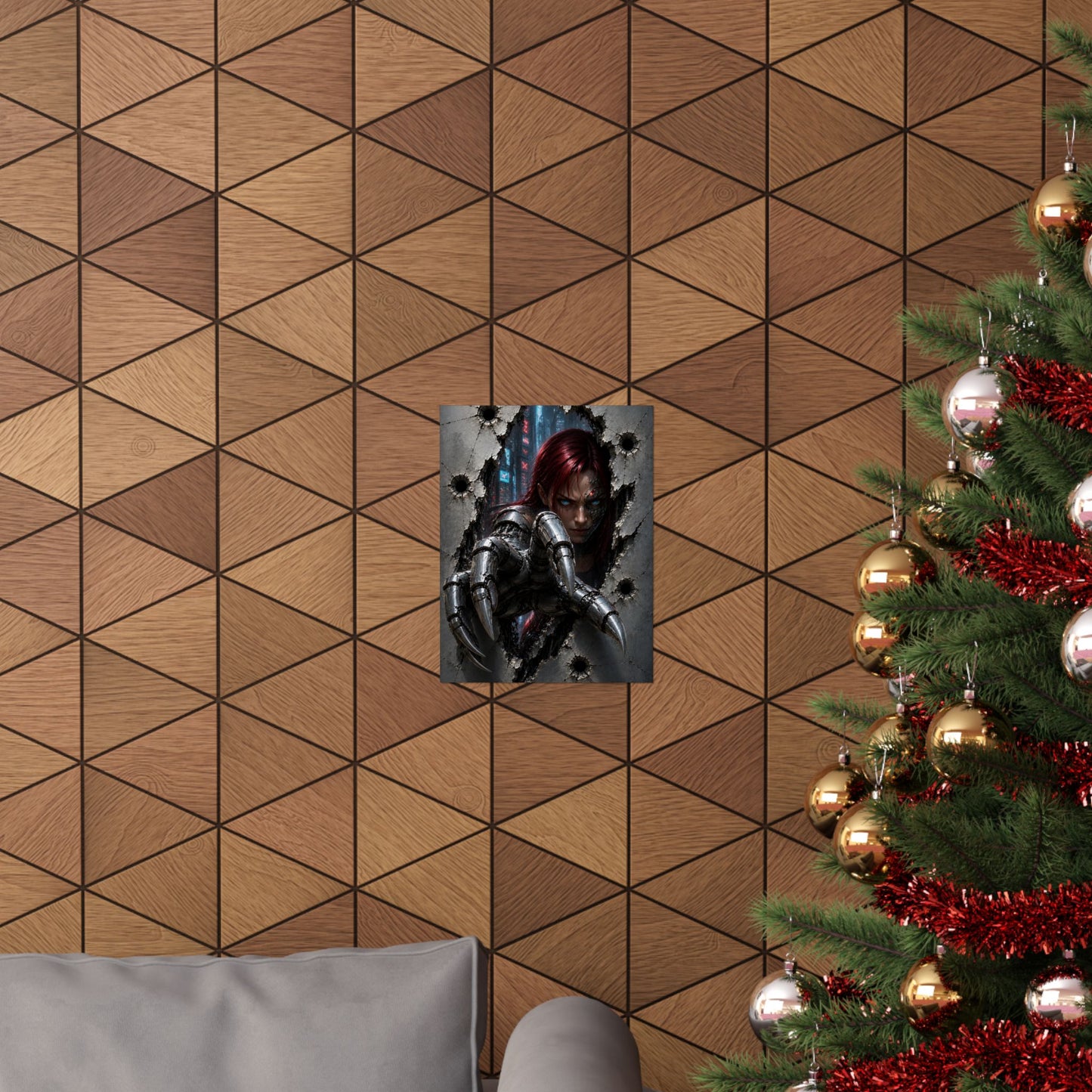 Cyberpunk Assassin Matte Poster — Red-Haired Cyborg Claw Wall Art