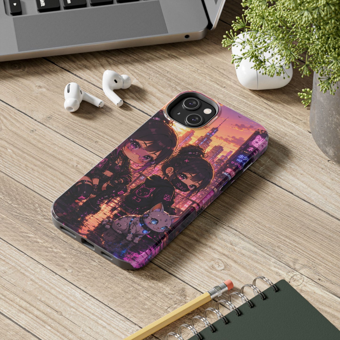 Anime City Night Tough Phone Case — Kawaii Cyberpunk Characters & Cat