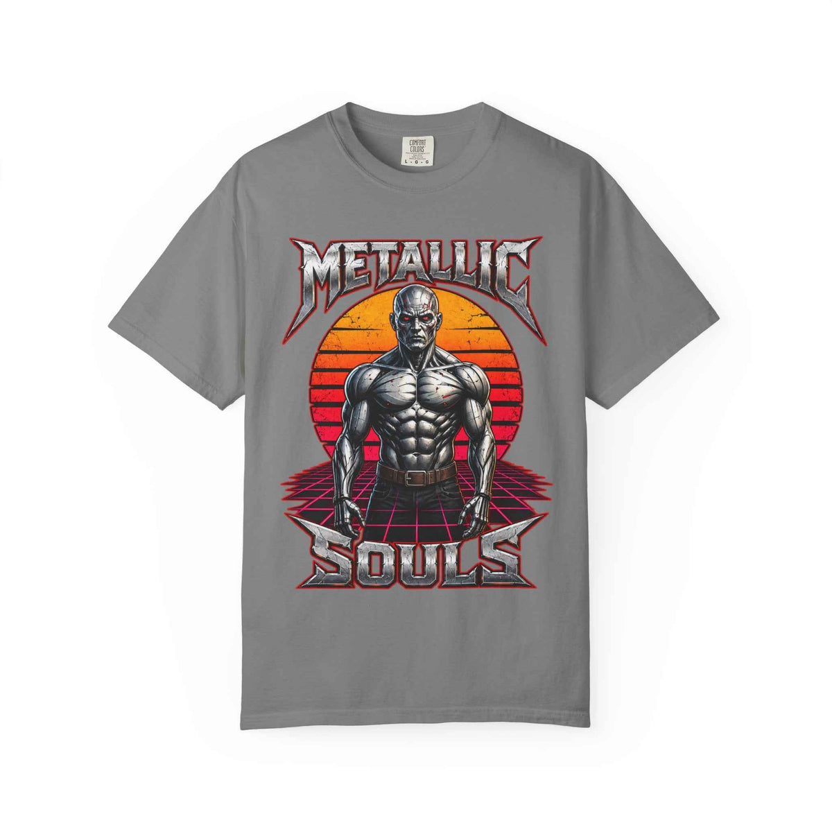 Metallic Souls T-Shirt — Retro Sunset Muscular Warrior Graphic Tee