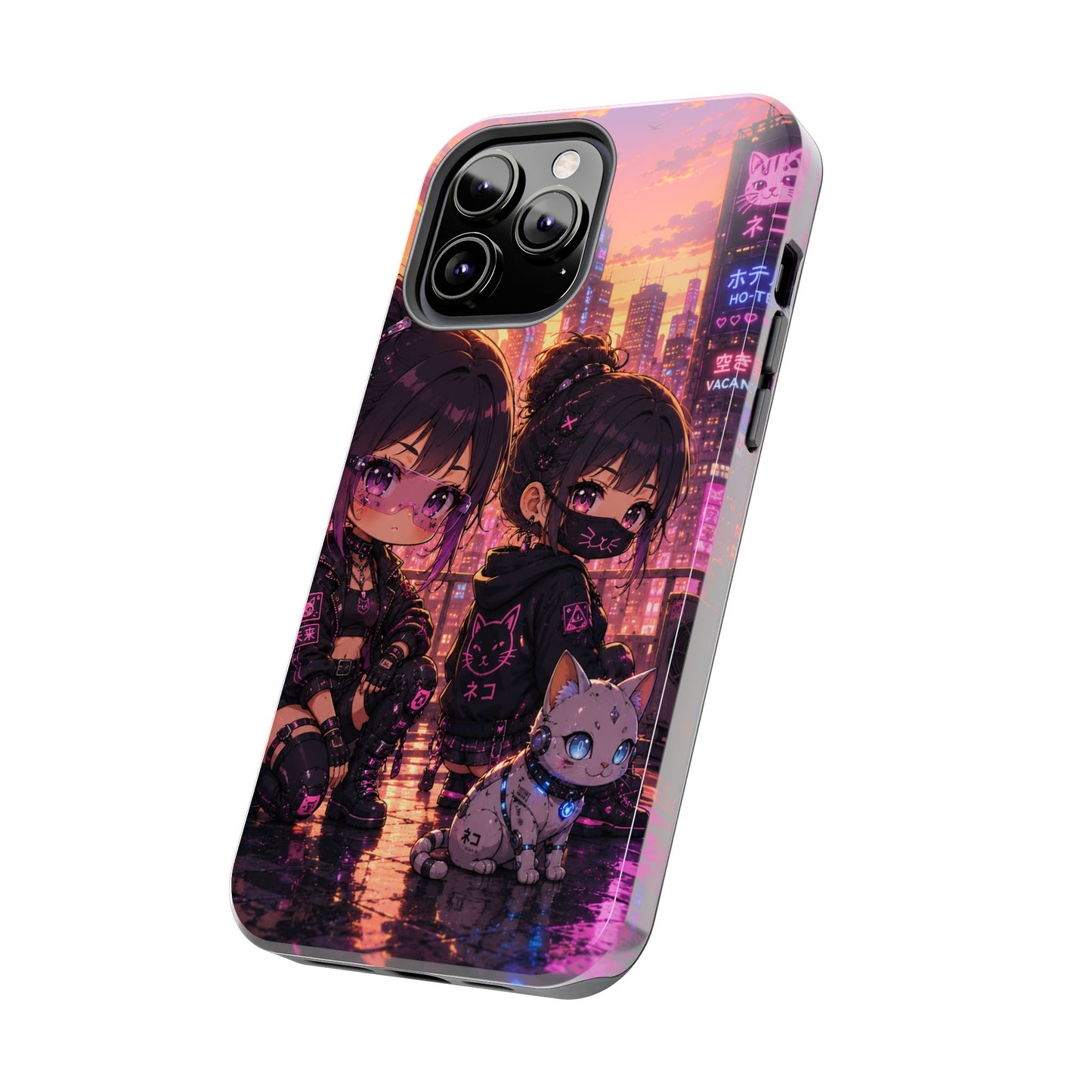 Anime City Night Tough Phone Case — Kawaii Cyberpunk Characters & Cat